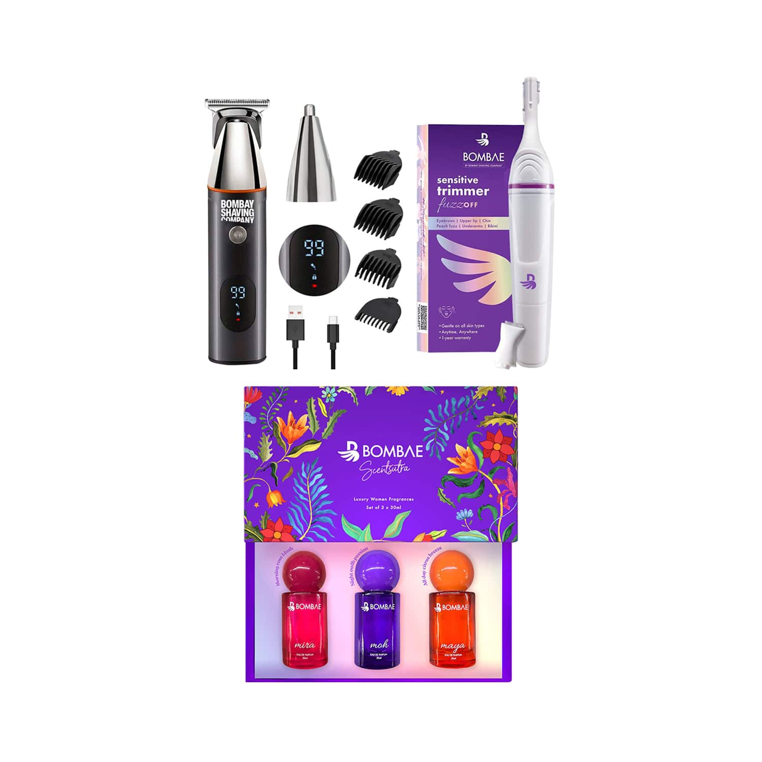 Bombay Shaving Company | Bombay Shaving Company Mens Trimmer + Bombae Womens 6-in-1 Trimmer & Scentsutra Perfume Set Combo