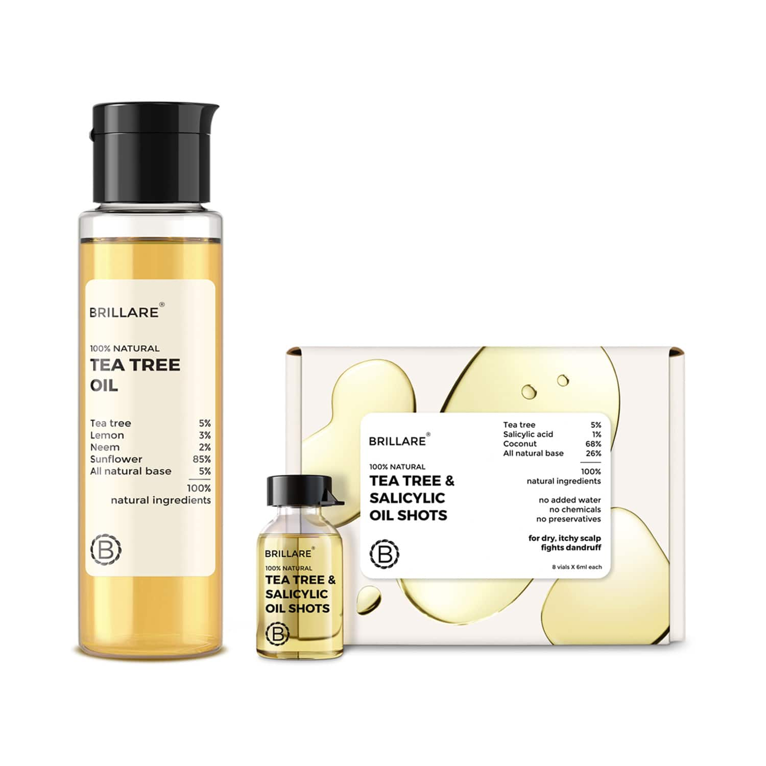 Brillare | Brillare Tea Tree & Salicylic Oil Shots (48ml) and Tea Tree Oil (100ml) Dandruff  Scalp Combo