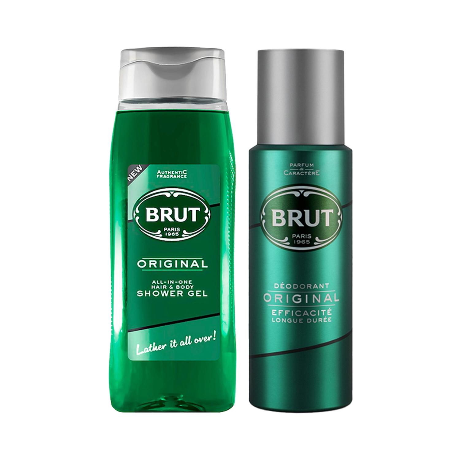 Brut | Brut Original All-In-One Hair & Body Shower Gel + Loofah (500ml) & Deodorant Spray (200ml) Combo