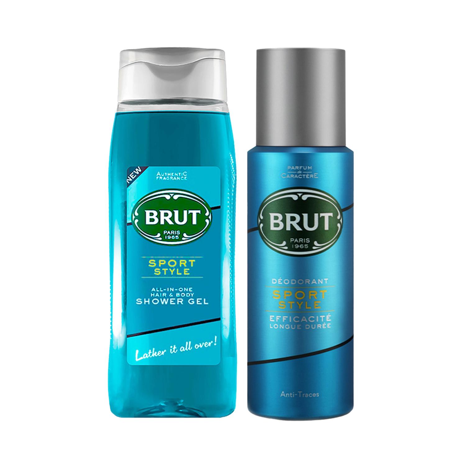 Brut | Brut Sport Style All-In-One Hair And Body Shower Gel (500ml) & Style Deodorant Spray (200ml) Combo