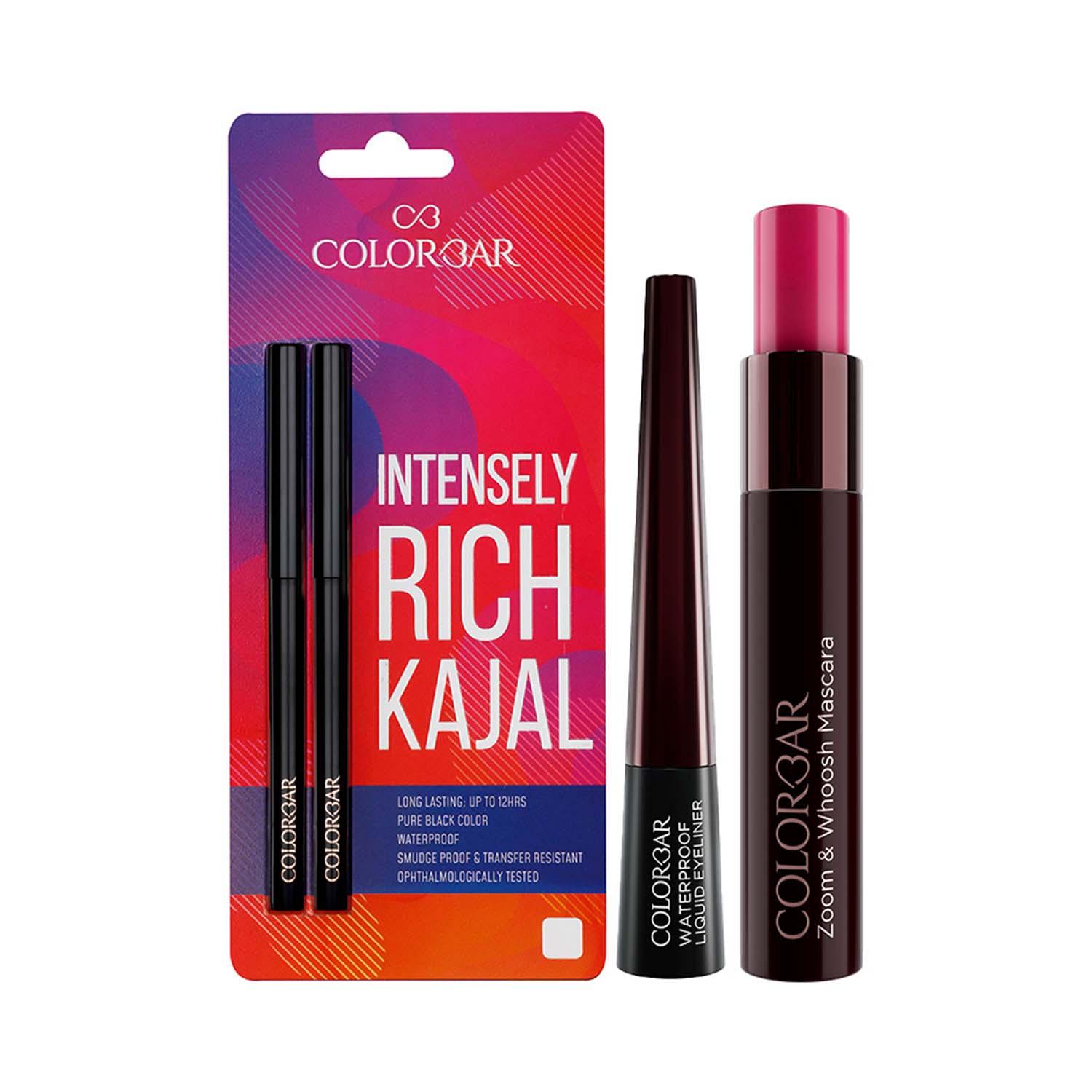 Colorbar | Colorbar Intensely Rich Kajal + Precision Waterproof Eyeliner + Zoom & Whoosh Mascara Combo