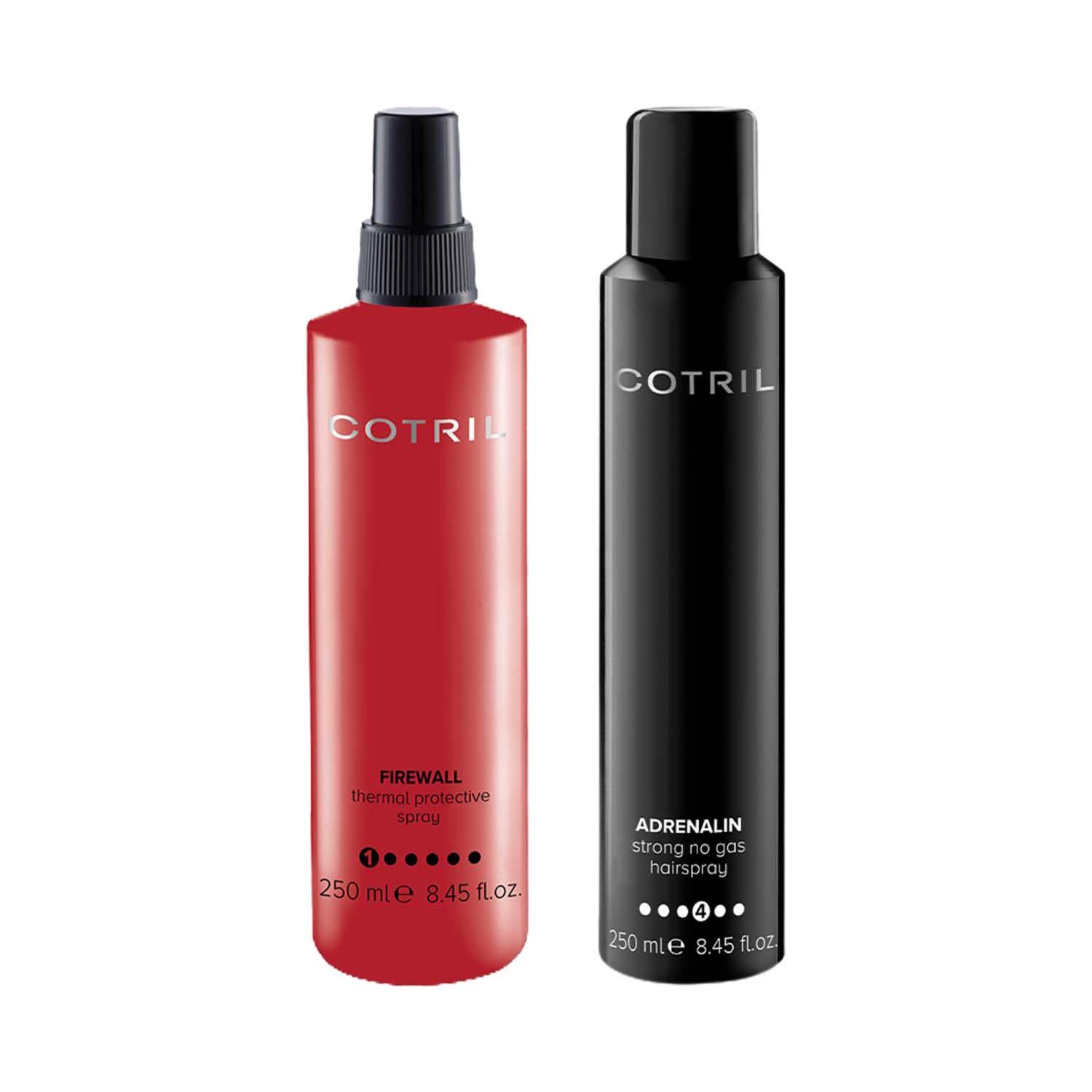 COTRIL | Cotril Adrenalin No Gas Hairspray (250 ml) + Firewall Thermal Protective Hair Spray (250 ml) Combo