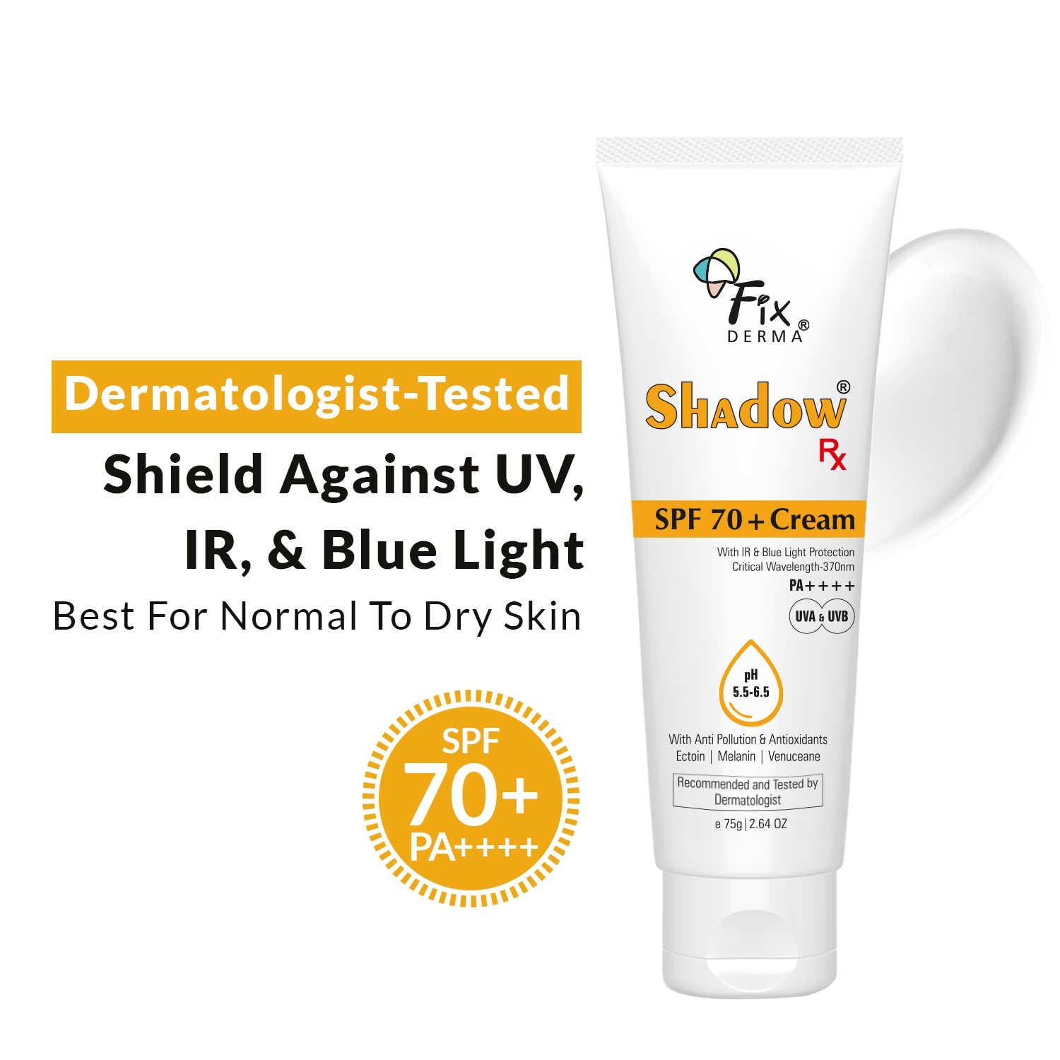 Fixderma | Fixderma Shadow RX Sunscreen SPF 70+ UVA & UVB with IR Protection & Blue Light Protection (75g)