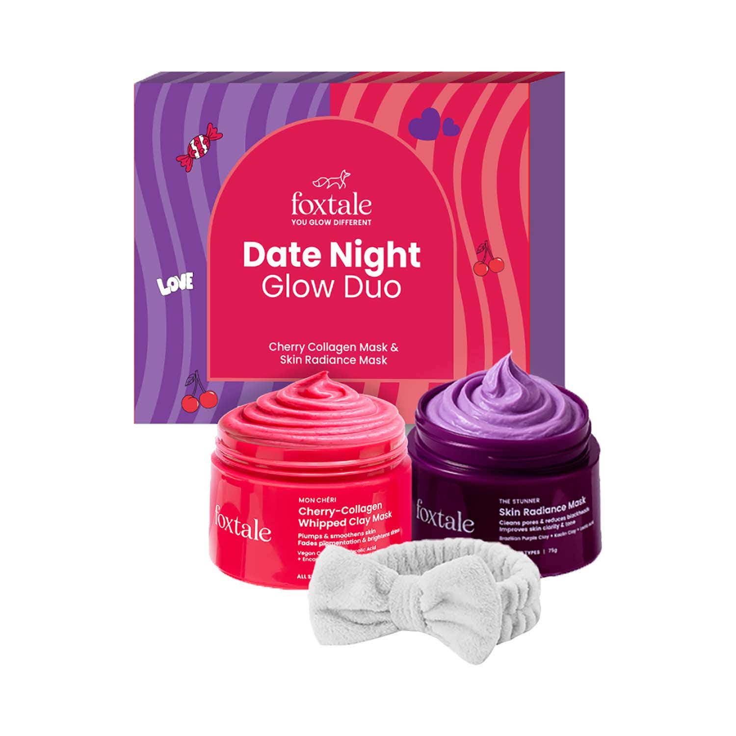 Foxtale | Foxtale Date Night Glow Duo Skin Radiance + Cherry-Collagen Clay Mask with Headband (3 pcs)