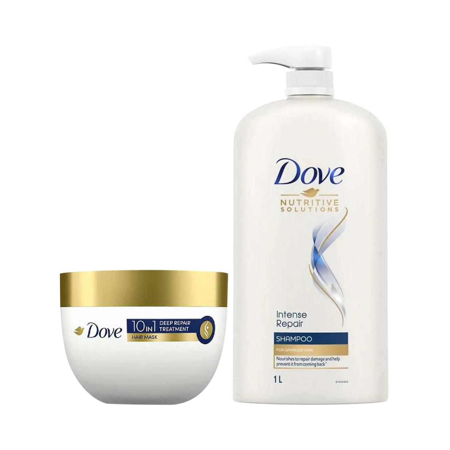 Dove | Dove Intense Repair Shampoo (1000 ml) + 10 in 1 Deep Repair Treatment Hair Mask (300 ml) Combo