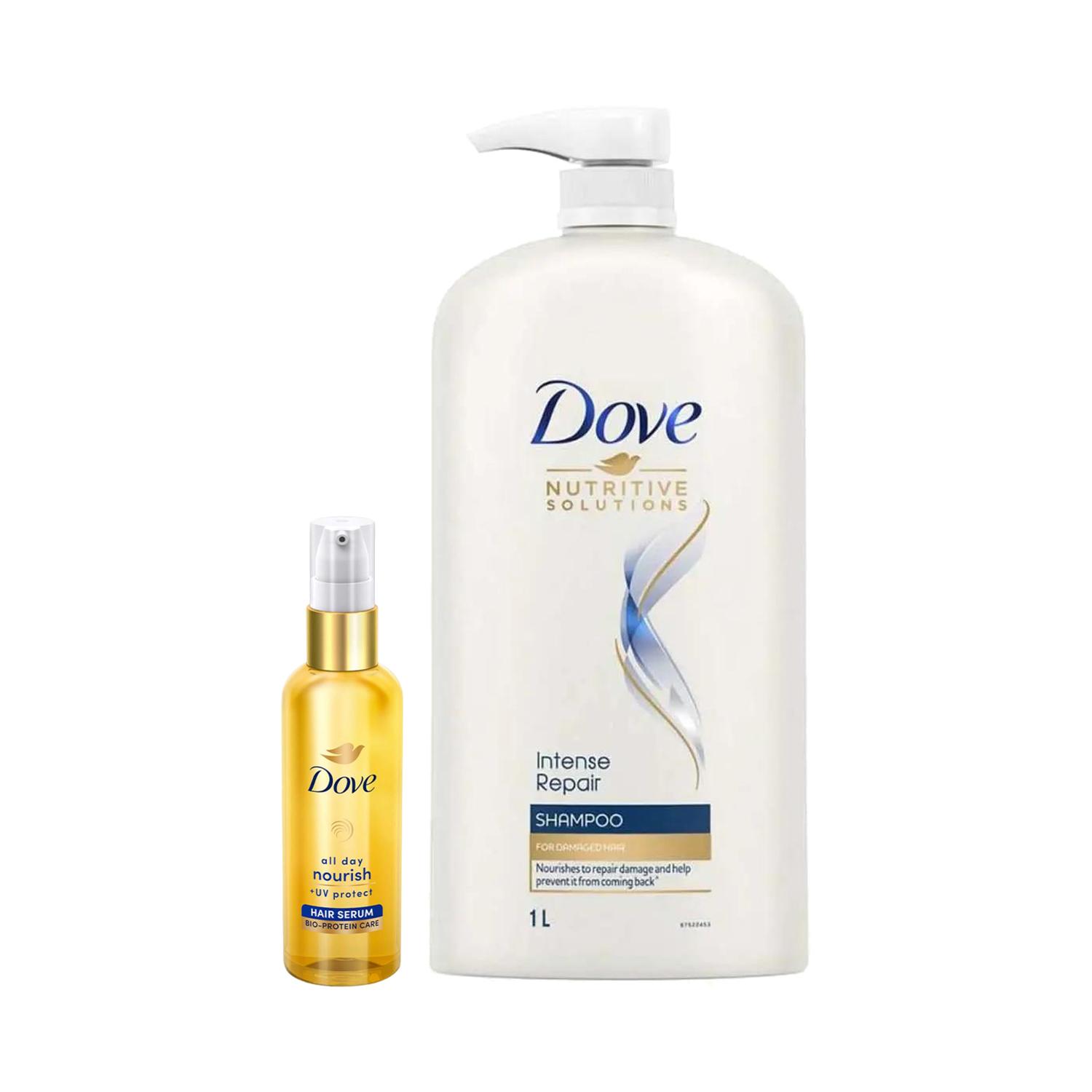 Dove | Dove Intense Repair Shampoo (1000 ml) & All Day Nourish+ UV Protect Hair Serum (48 ml) Combo