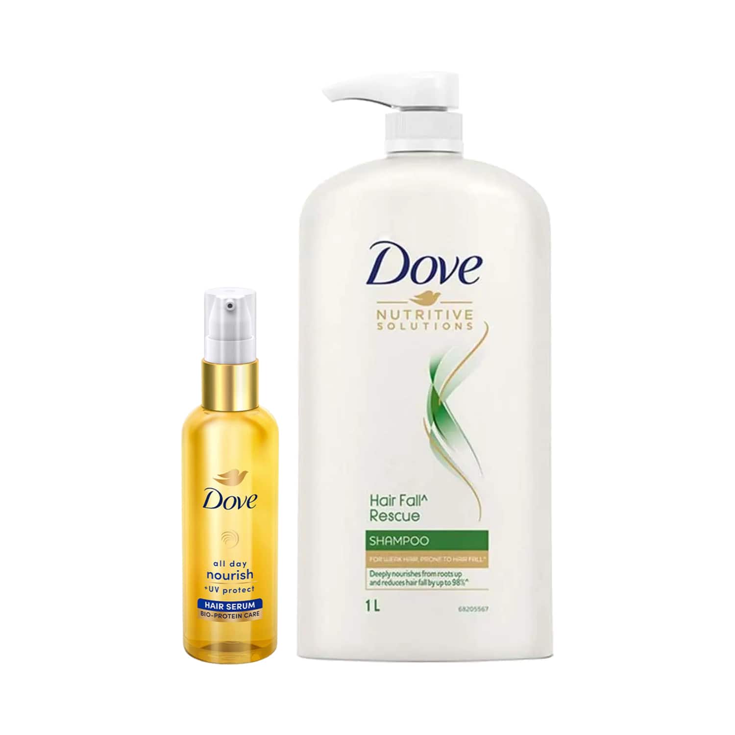 Dove | Dove Hair Fall Rescue Shampoo (1000 ml) & All Day Nourish+ UV Protect Hair Serum (48 ml) Combo