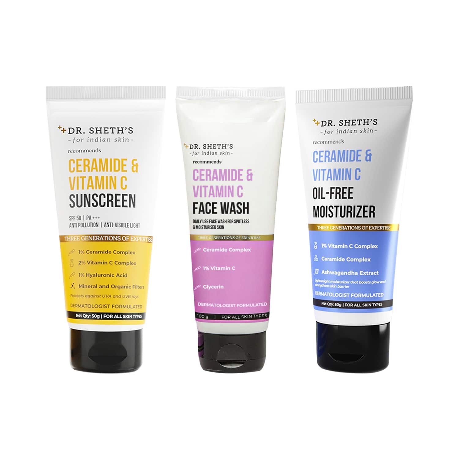 Dr. Sheth's | Dr. Sheth's Ceramide & Vitamin C Combo - Sunscreen, Moisturiser, Face Wash