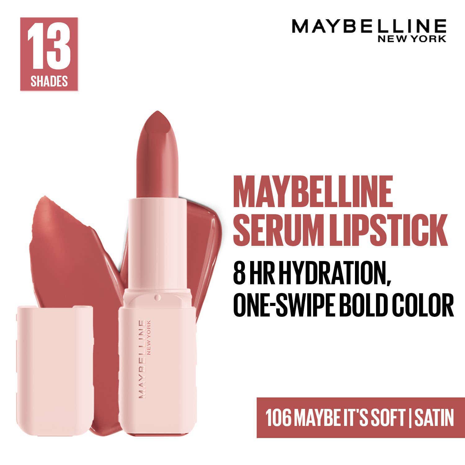 Maybelline New York | Maybelline Serum Lipstick (Satin) 8Hr Hydration+One-Swipe Bold Color - 106 Maybe It's Soft (4.2 g)