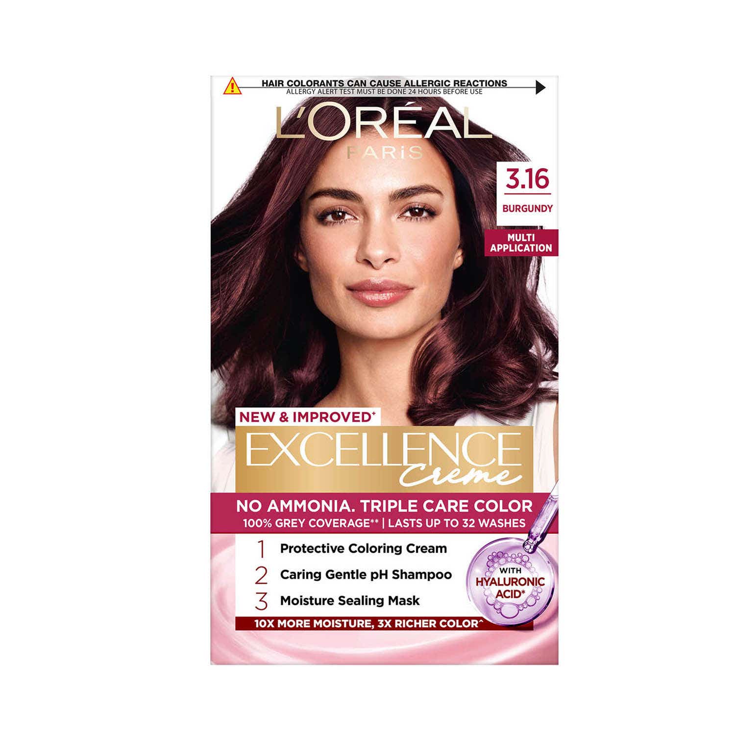 L'Oreal Paris | LOreal Paris New Excellence Creme Hair Color With Hyaluronic Acid, 3.16 Burgandy, (100gm + 72ml)