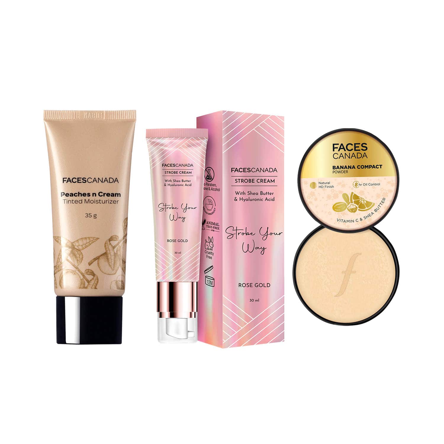 Faces Canada | Faces Canada Glow Getter Trio Rose Gold Strobe Cream + Tinted Moisturizer + Banana Powder Combo
