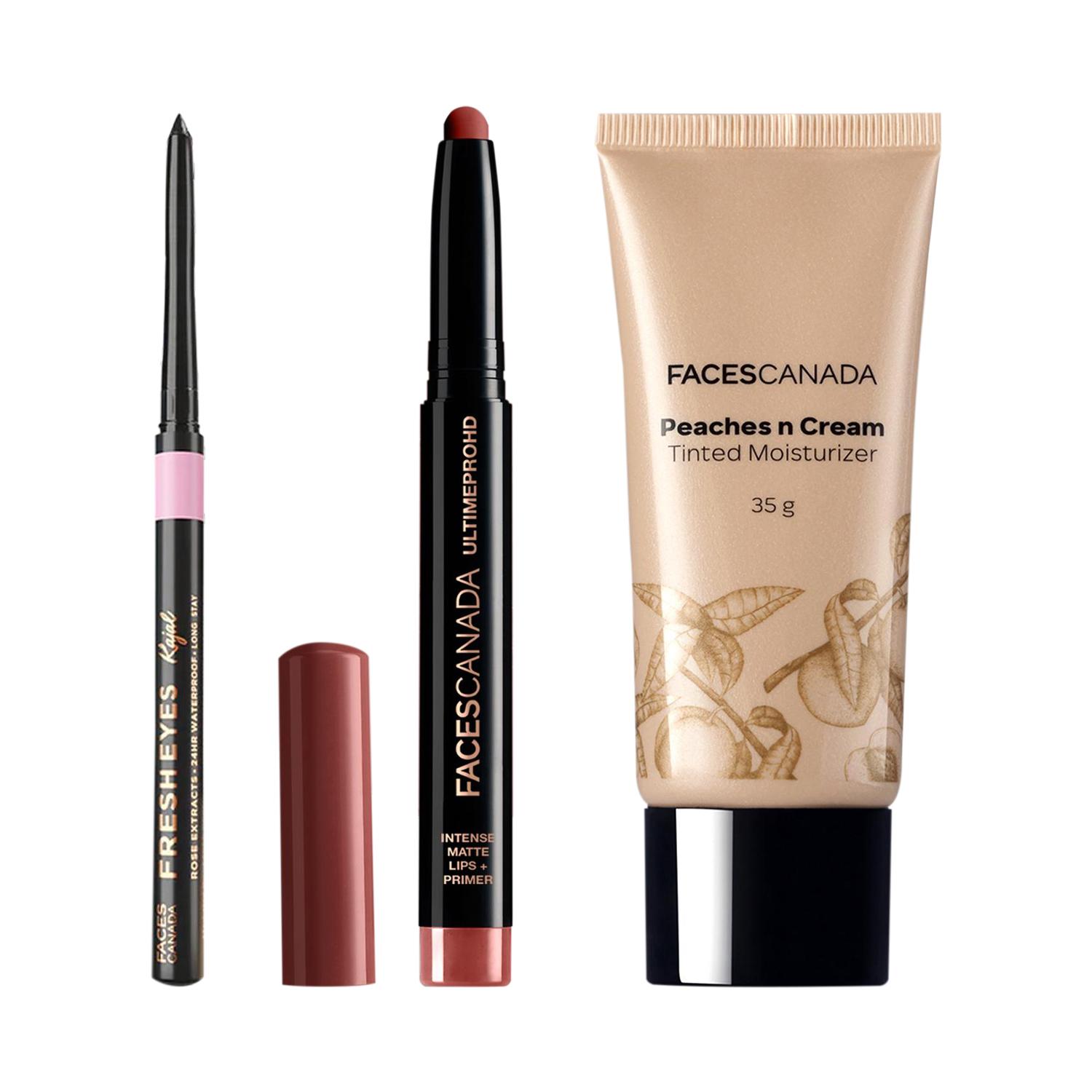 Faces Canada | Faces Canada Makeup Essentials Tinted Moisturizer + Fresh Eyes Kajal + HD Intense Lipstick Combo