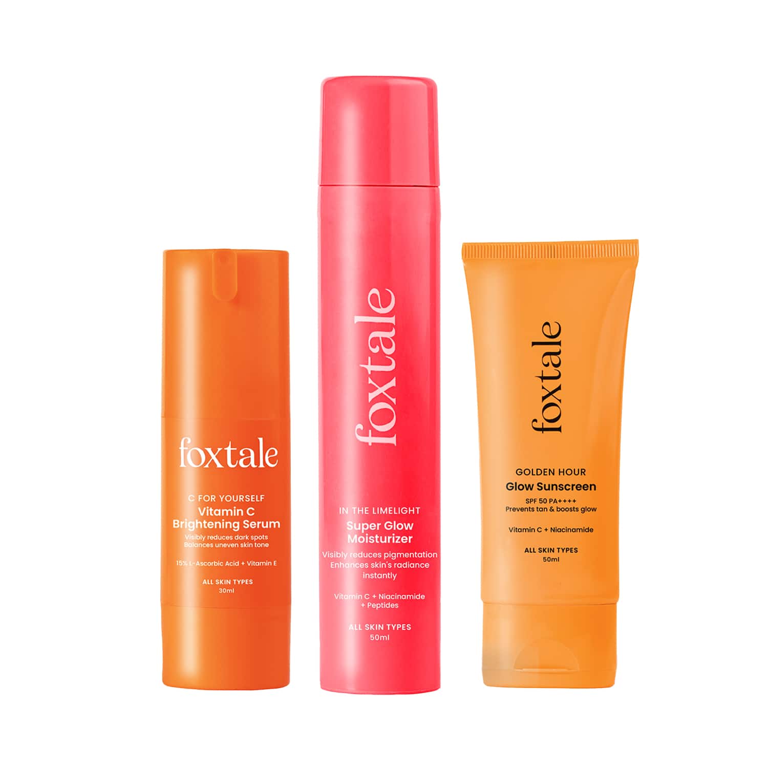 Foxtale | Foxtale Unstoppable Glow Combo - SPF 50 Sunscreen, Vitamin C Serum & Super Glow Moisturizer