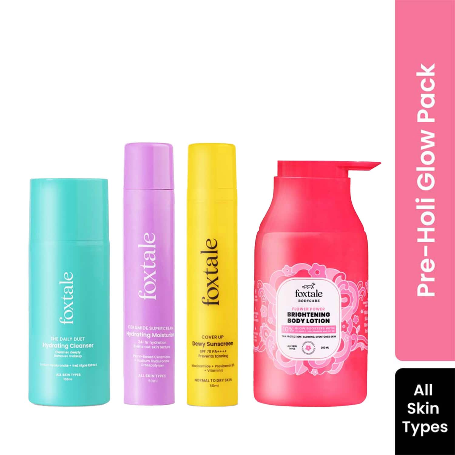 Foxtale | Foxtale Pre-Holi Glow Pack Combo -  Sunscreen, Moisturizer, Face Wash & Body Lotion
