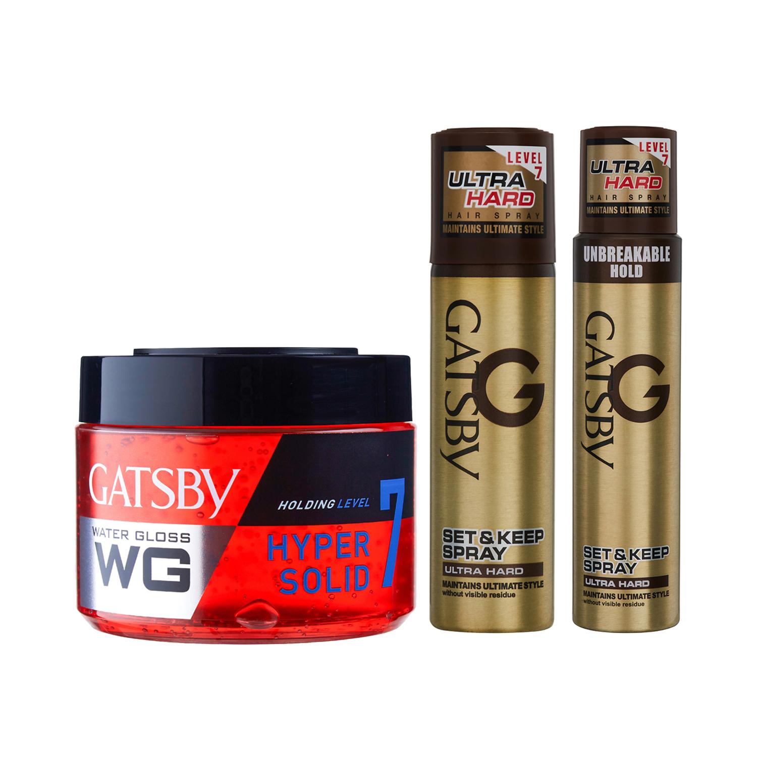 Gatsby Level 7 Hard Set & Hair Spray , Gloss Hyper Solid, Hard Set & Keep Hair Spray Combo