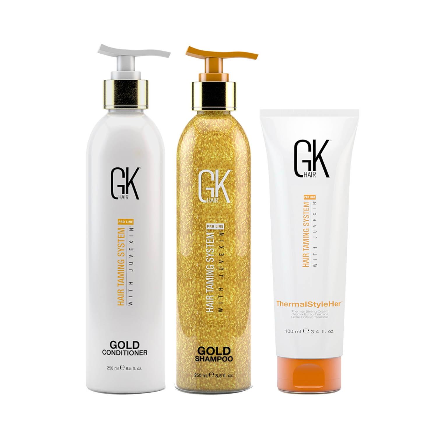 GK Hair | GK Hair Gold Shampoo and Conditioner 250ml with Thermal styler Cream 100ml