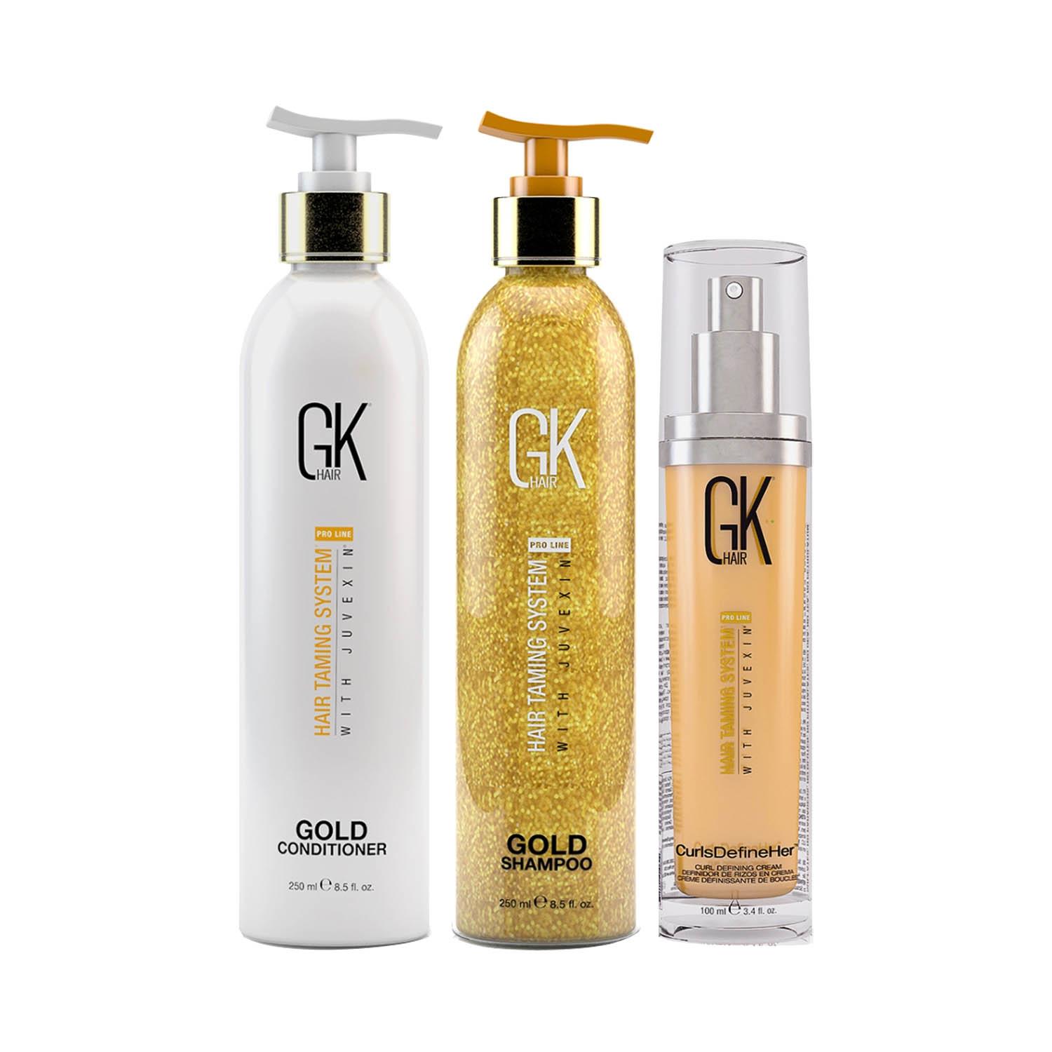 GK Hair | GK Hair Gold Shampoo and Conditioner 250ml with Curls Defineher Her 100ml
