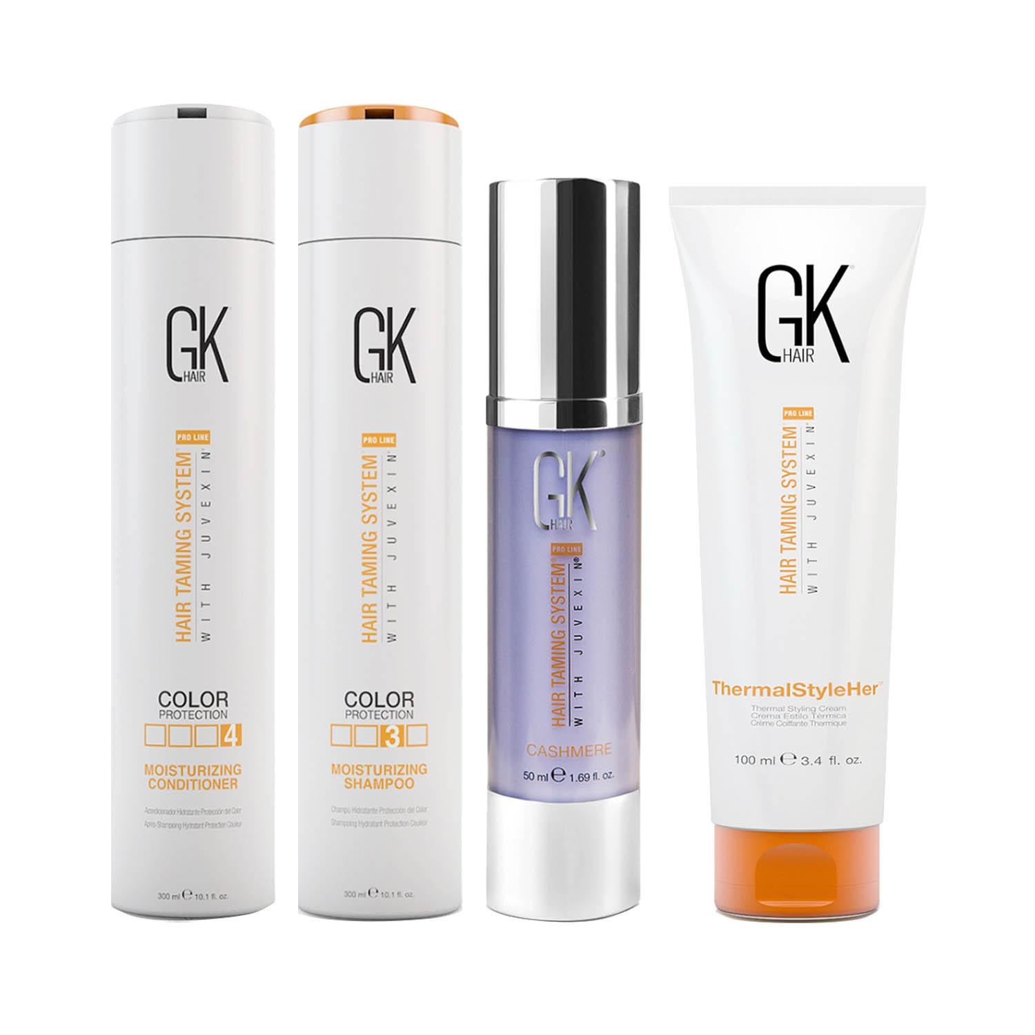 GK Hair Moisturizing Shampoo and Conditioner 300ml with Cashmere 50ml and Thermal styler Cream 100ml