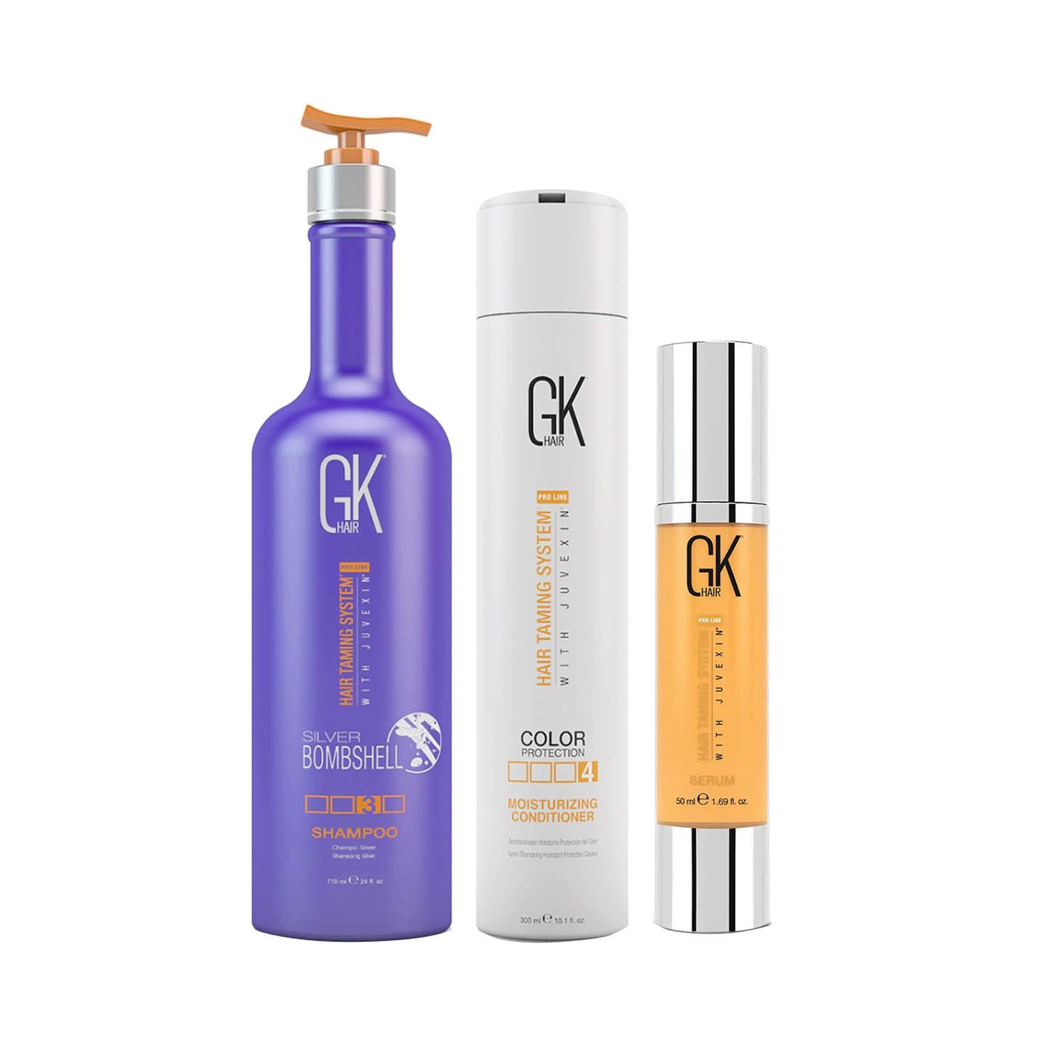 GK Hair | GK Hair Silver Bombshell Shampoo (710ml) + Moisturizing Conditioner (300ml),Argan Serum (50ml) Combo