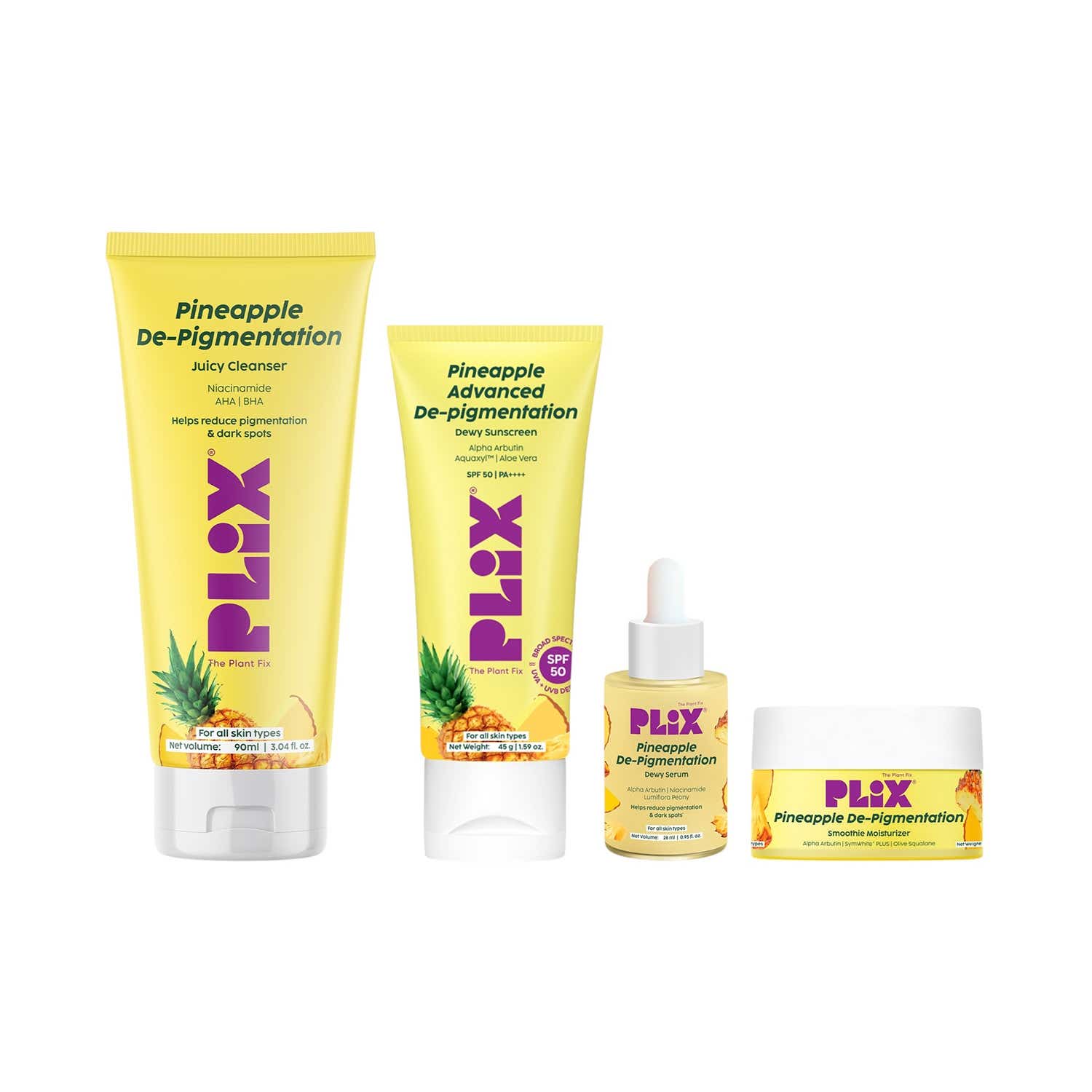 Plix | Plix Pineapple Depigmentation Regime with Juicy Cleanser 2% Alpha Arbutin Serum (4 pcs)