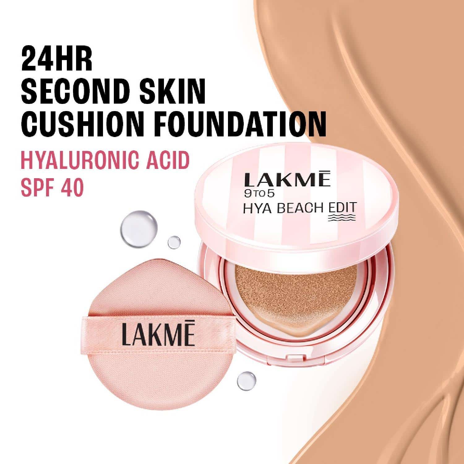 Lakme | Lakme 9to5 Hya Beach Edit Cushion Foundation, SPF40, Full Matte Coverage, W 180-Warm Natural (12 g)