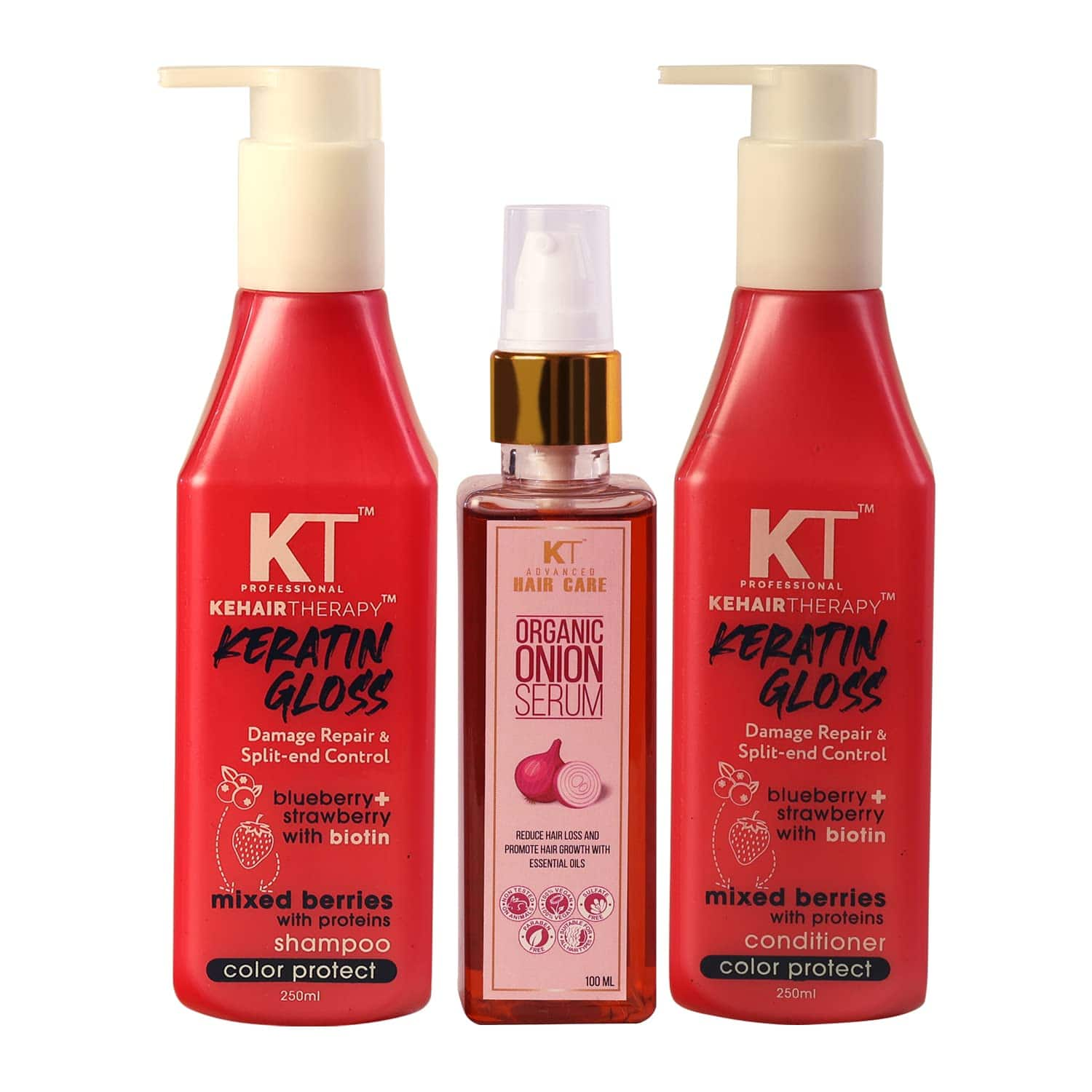 KT Professional | KT Professional Keratin Gloss Shampoo & Conditioner + Onion Hair Serum (600ml) (Pack Of 3) Combo