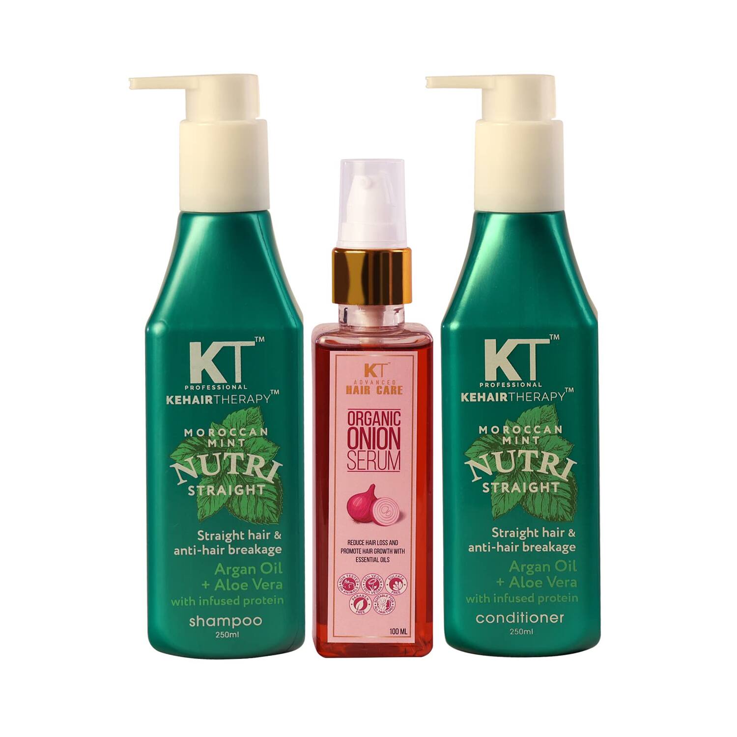 KT Professional | KT Professional Keratin Straight Shampoo & Conditioner + Onion Hair Serum (600ml) (Pack Of 3) Combo