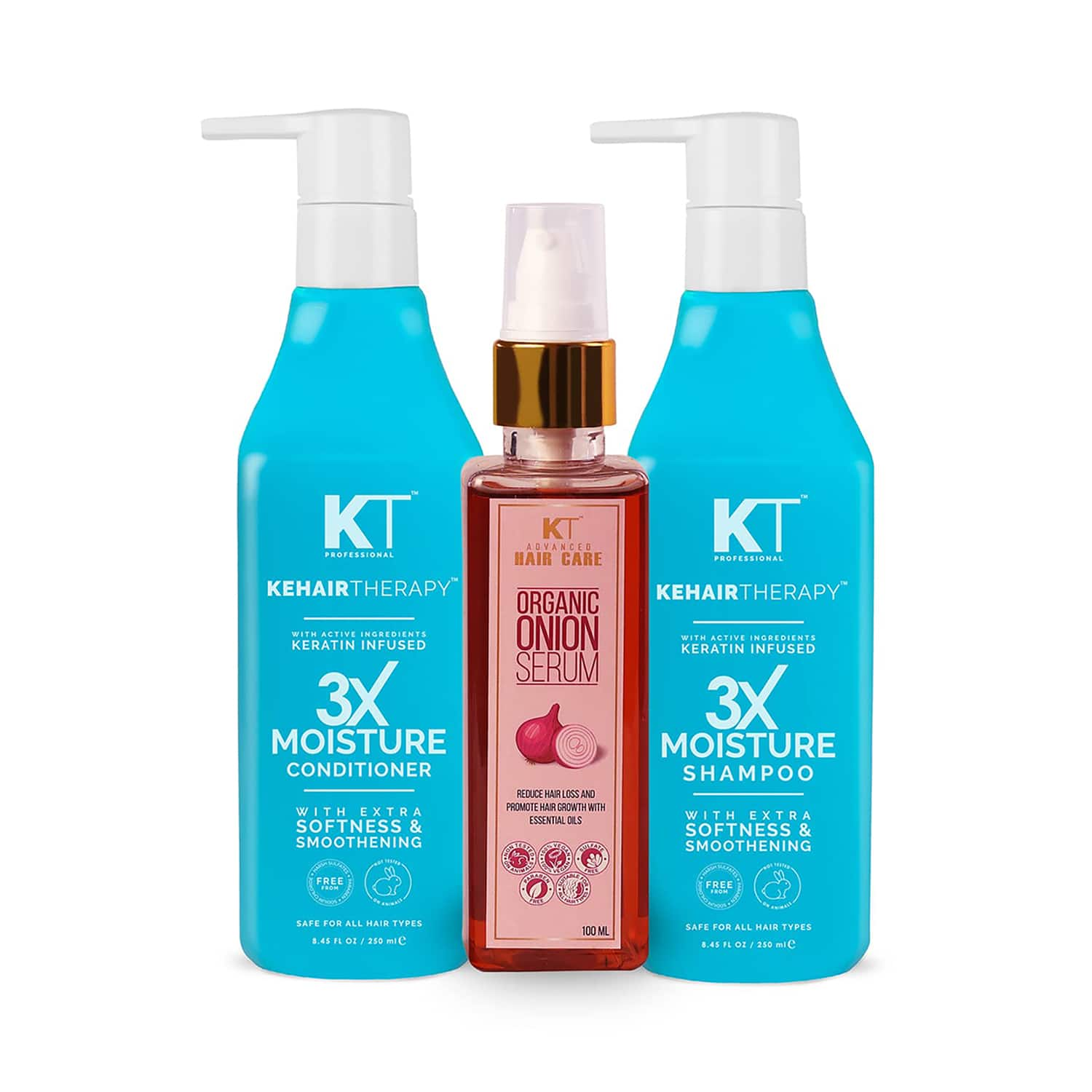 KT Professional | KT Professional Keratin 3X Shampoo & Conditioner + Organic Onion Serum (600ml) (Pack Of 3) Combo