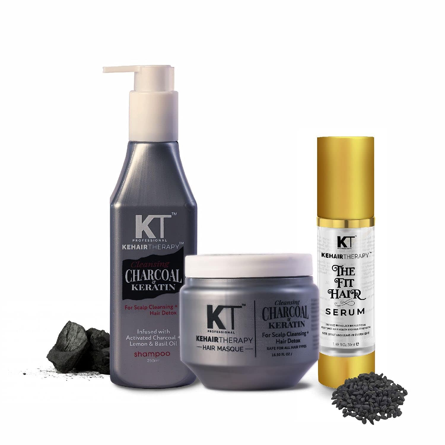 KT Professional | KT Professional Charcoal Shampoo + Charcoal Hair Masque + The Fit Hair Serum (Pack Of 3) Combo