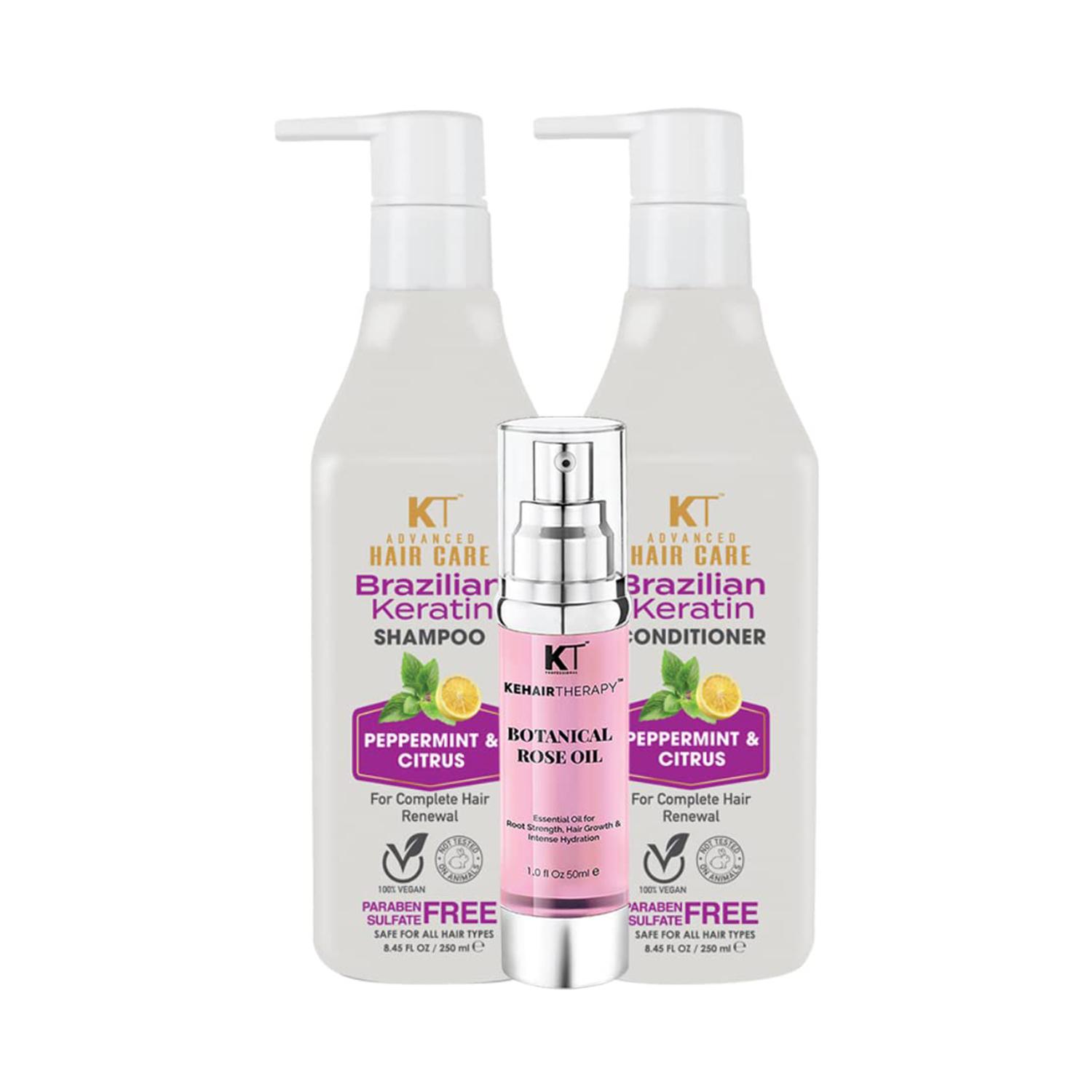 KT Professional Advanced Hair Care Brazilian Keratin shampoo,Conditioner & Botanical rose oil Combo