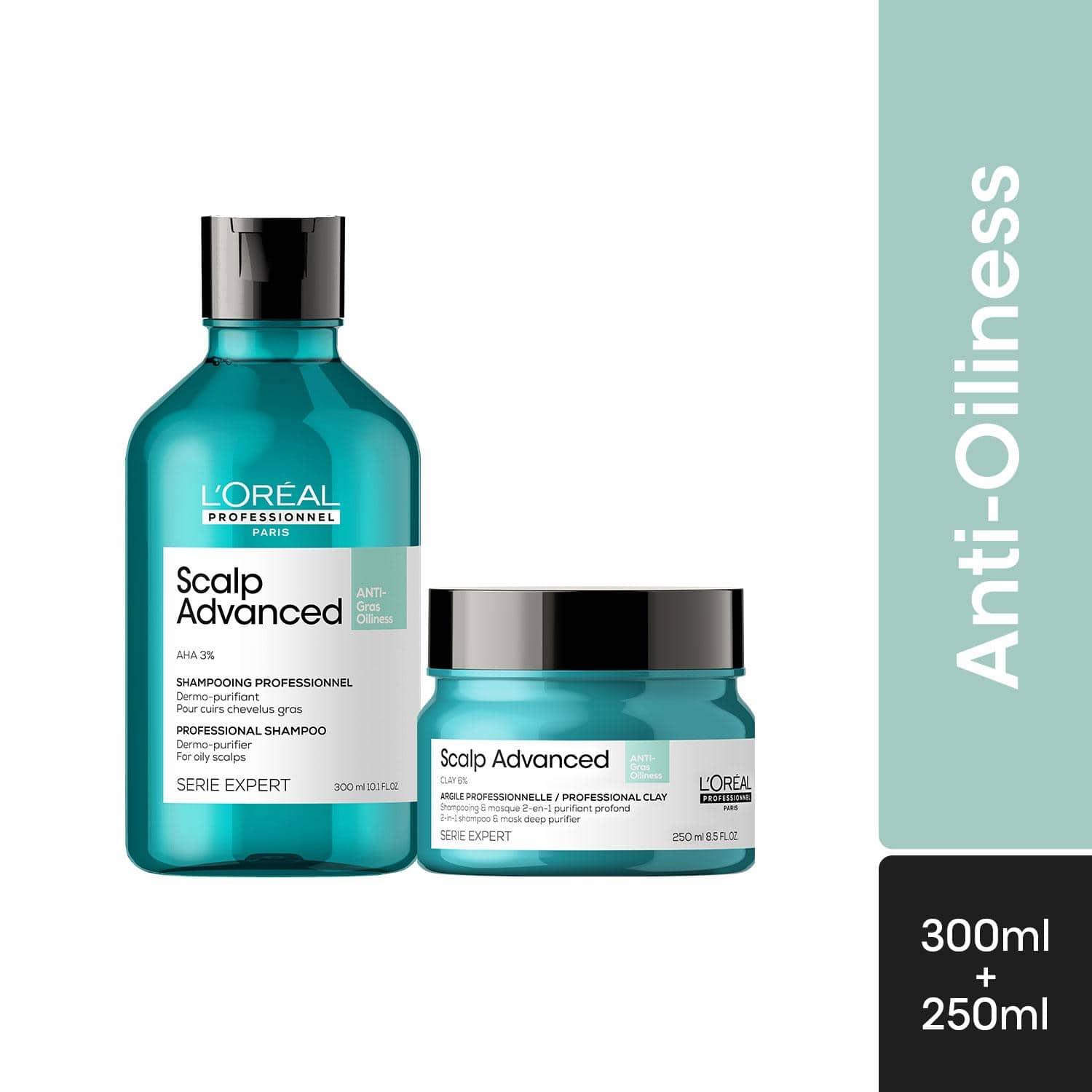 L'OREAL PROFESSIONNEL | L'OREAL PROFESSIONNEL Scalp Anti-Oiliness Shampoo (300 ml), 2-In-1 Deep Purifier Clay (250 g) Combo