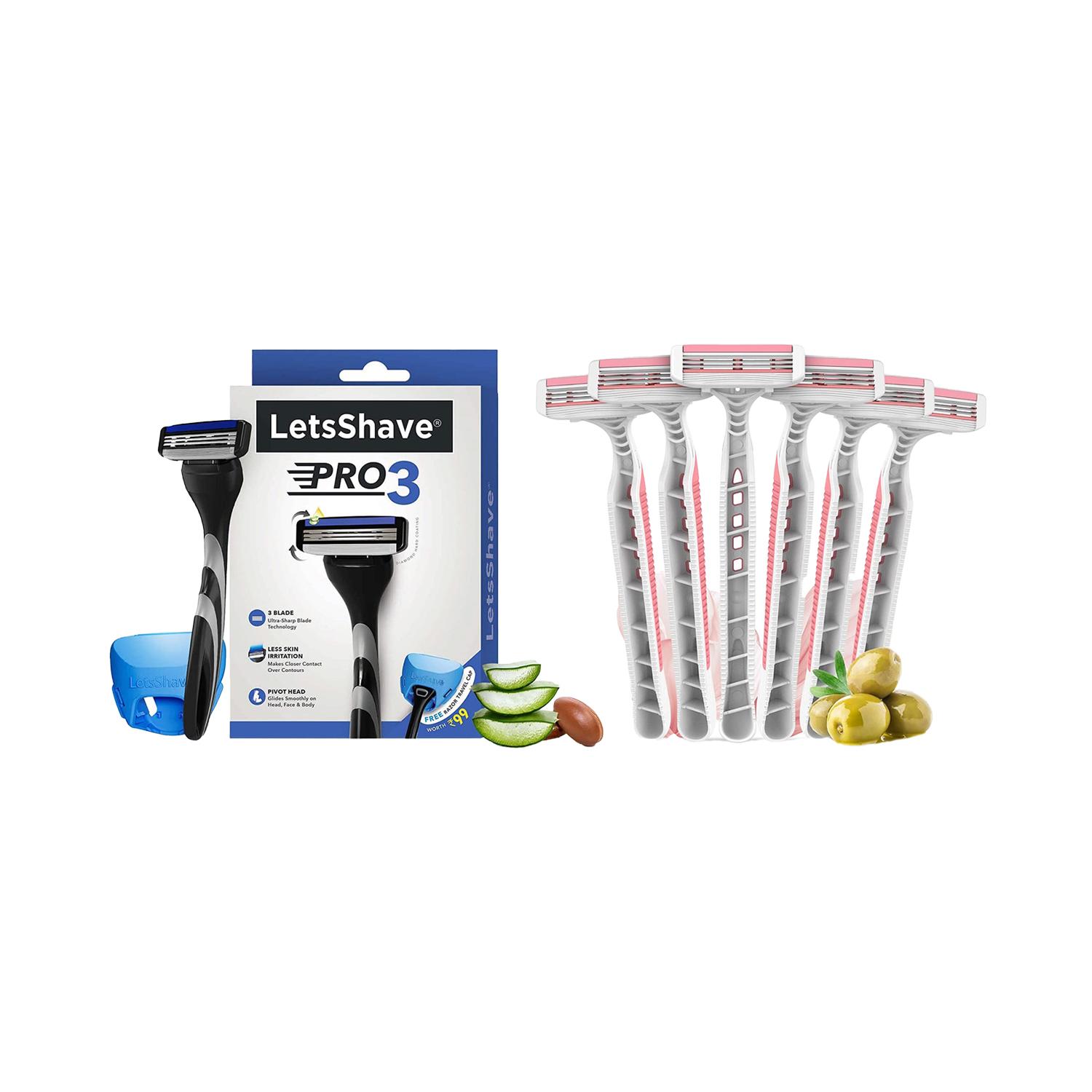 LetsShave | Letsshave Pro 3 Shaving Razor For Men & Evior 3 Plus Disposable Razor For Women (Pack Of 6) Combo