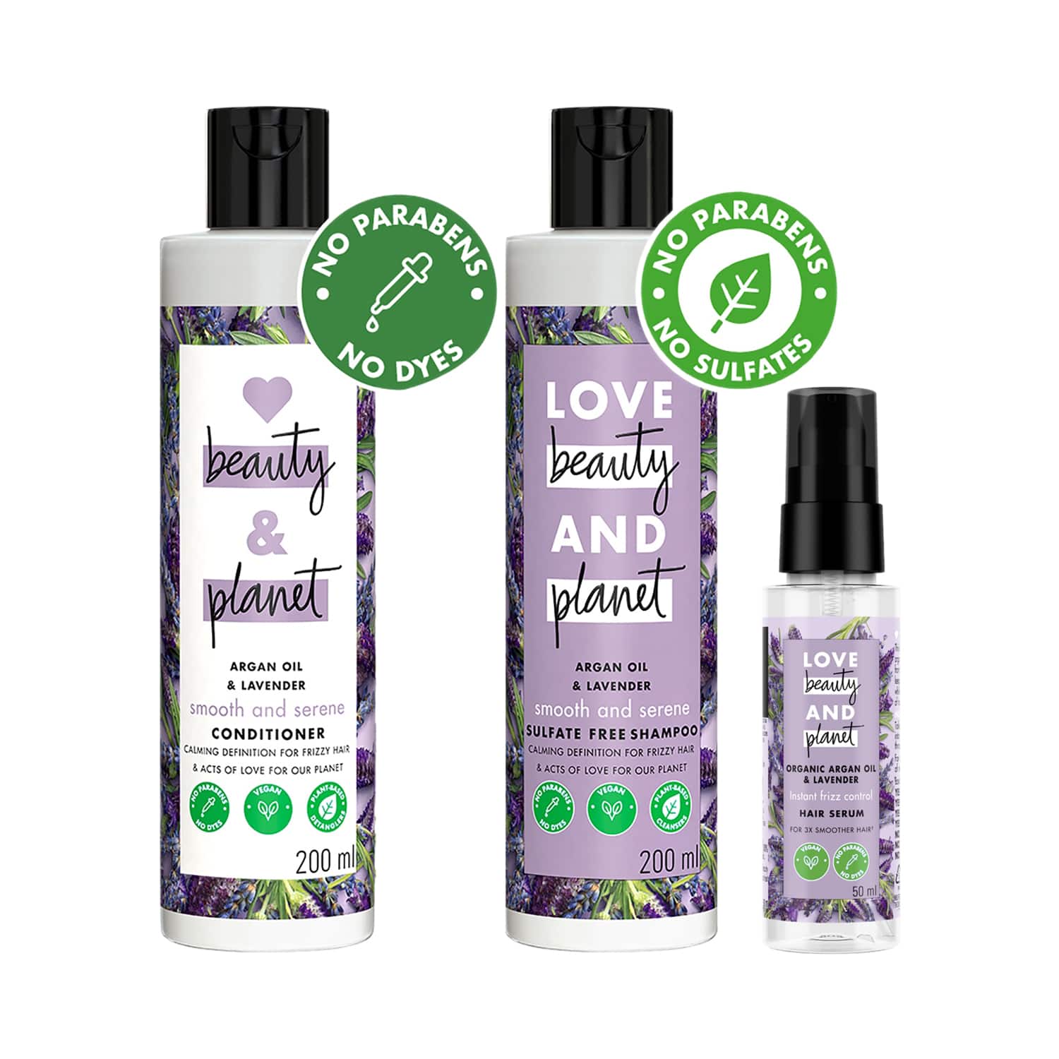 LOVE beauty AND planet | LOVE beauty AND planet Argan Oil And Lavender Anti Frizz Shampoo, Conditioner & Hair Serum Combo