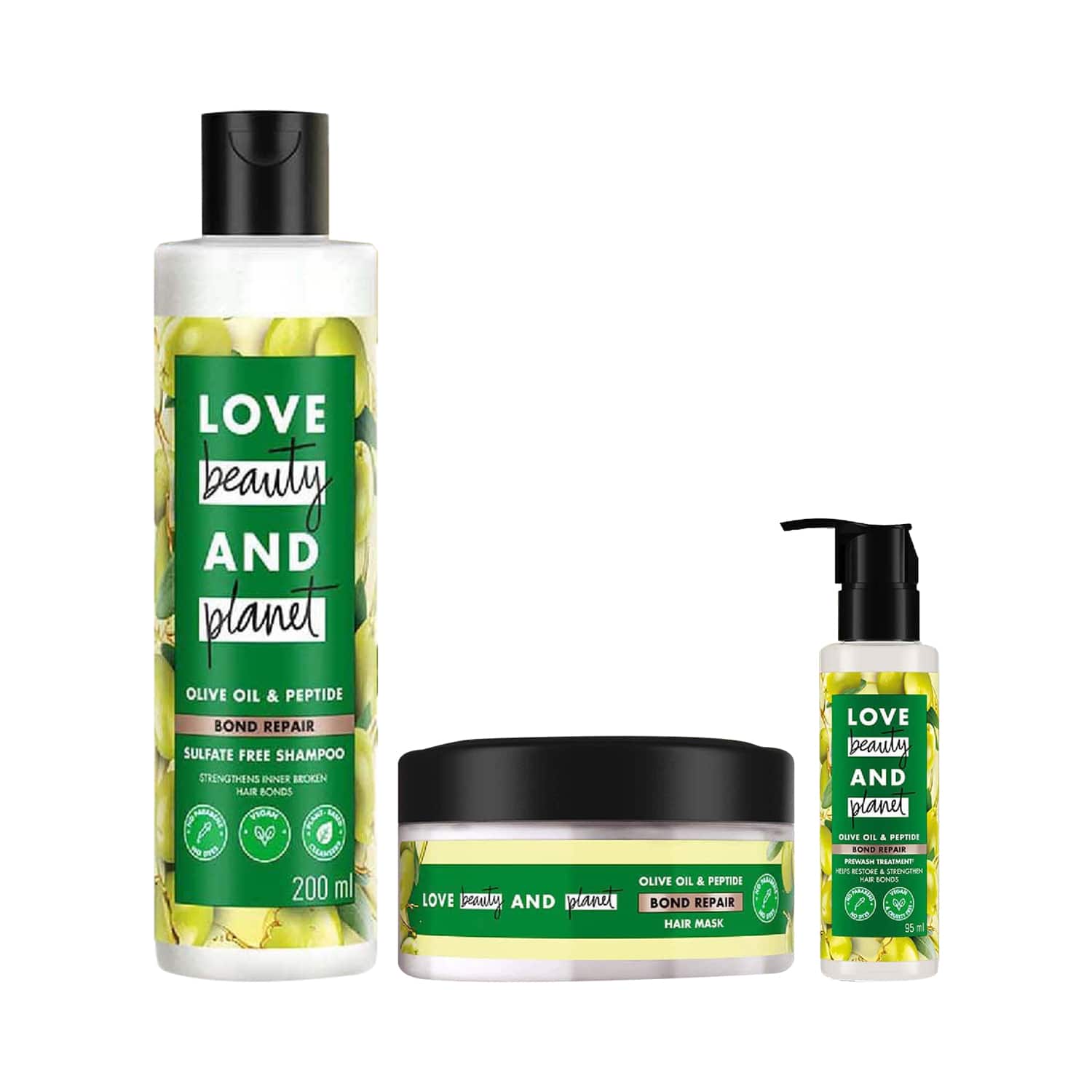 LOVE beauty AND planet | LOVE beauty AND planet Olive Oil & Peptide Bond Repair Prewash Treatment, Shampoo & Hair Mask Combo