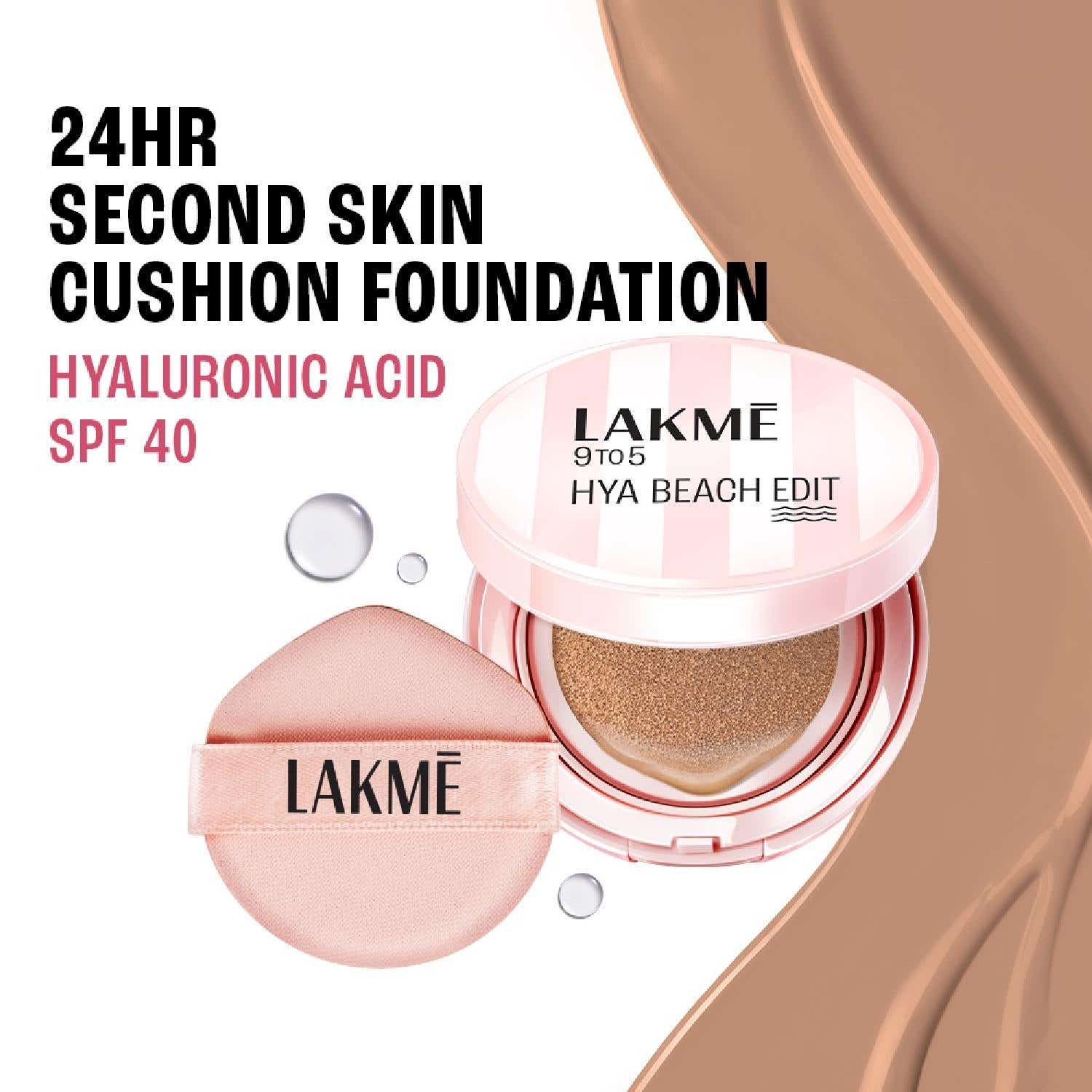 Lakme | Lakme 9to5 Hya Beach Edit Cushion Foundation, SPF40, Full Matte Coverage, N 260-Neutral Honey (12 g)