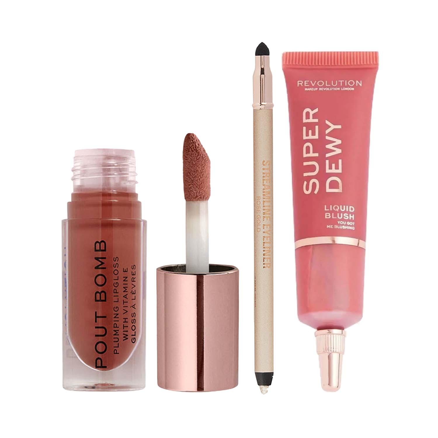 Makeup Revolution | Makeup Revolution Major Glow Up Combo - Highlighter, Blush, Lip Gloss, Eyeliner Pencil