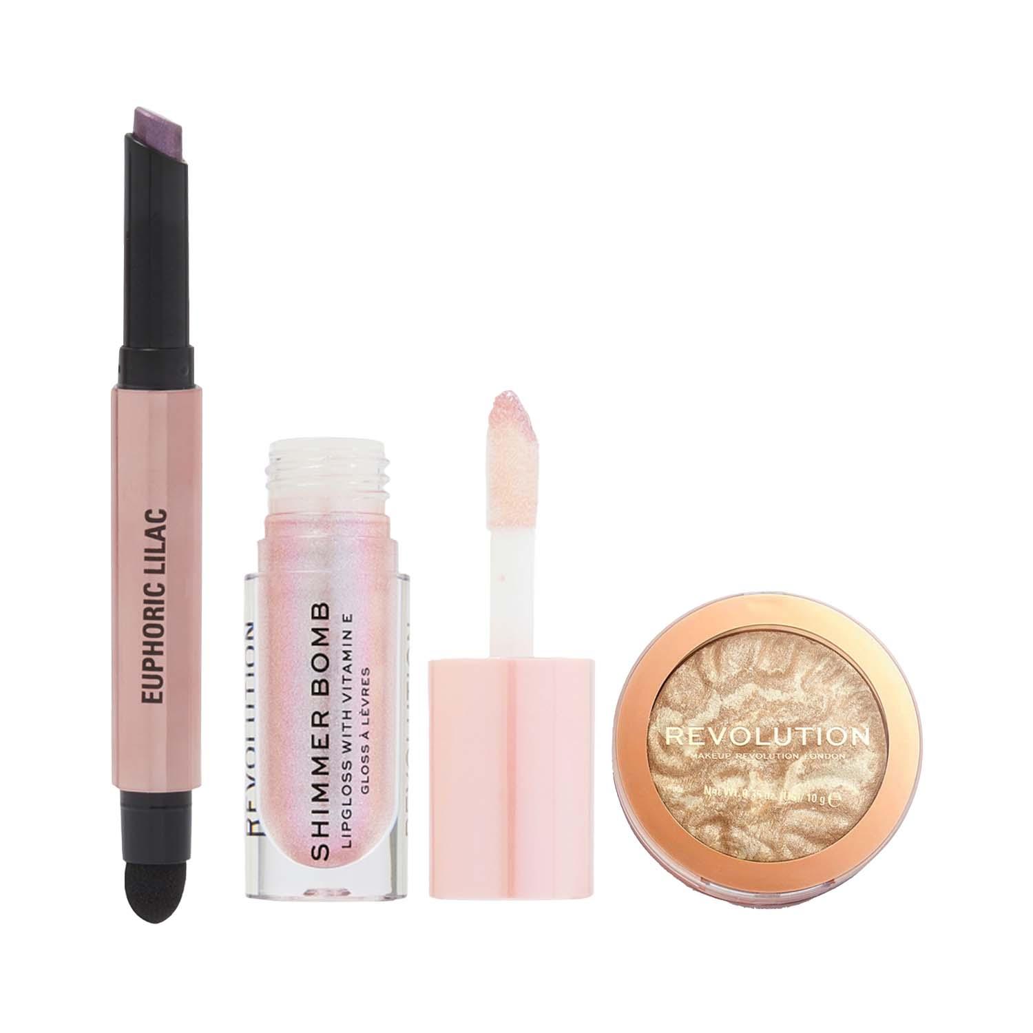 Makeup Revolution | Makeup Revolution Glitter rush Combo - Highlighter, Eyeshadow Stick, Lip Gloss