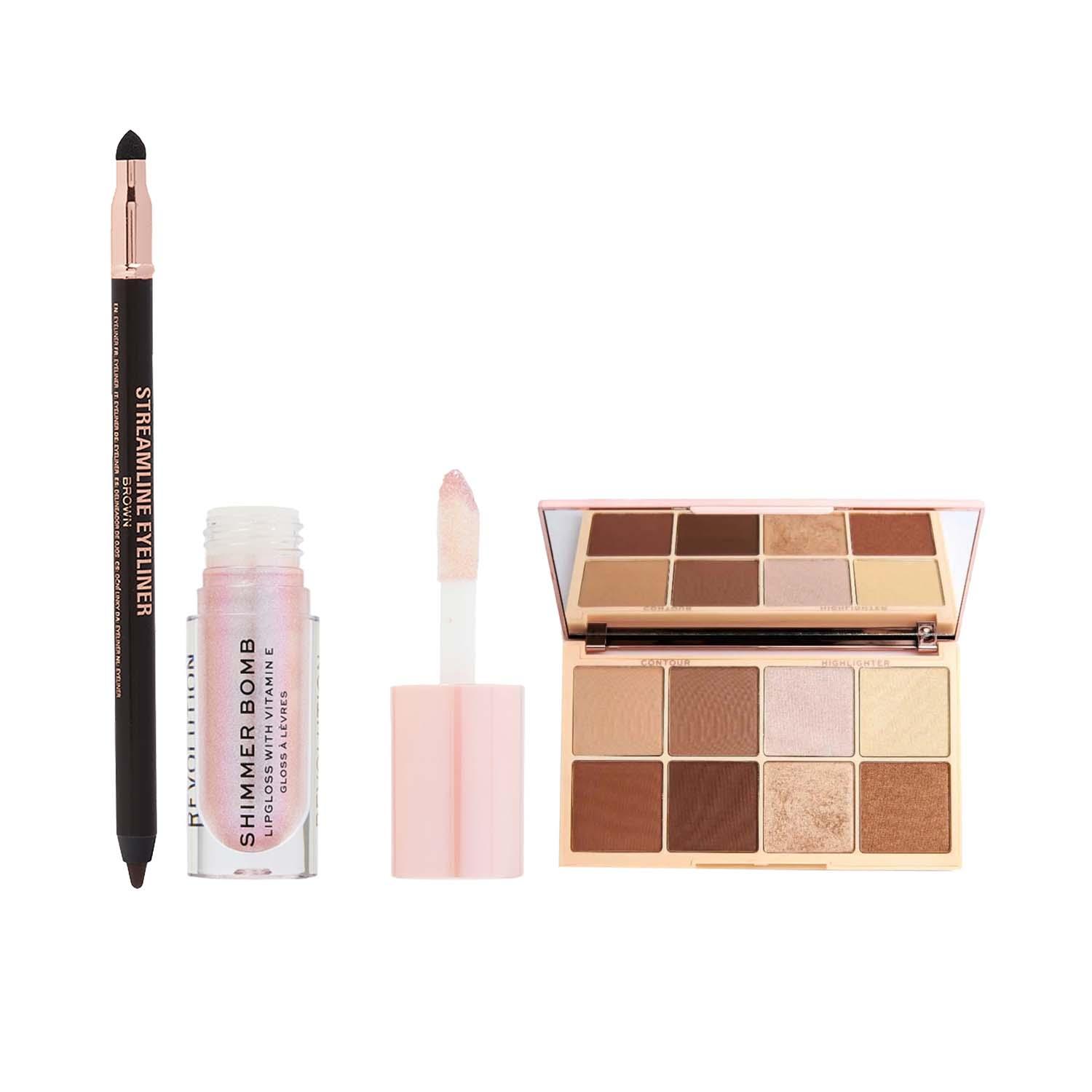 Makeup Revolution | Makeup Revolution Glamorous Glow Trio Combo - Highlighter-Contour Palette,Eyeliner Pencil, Lip Gloss