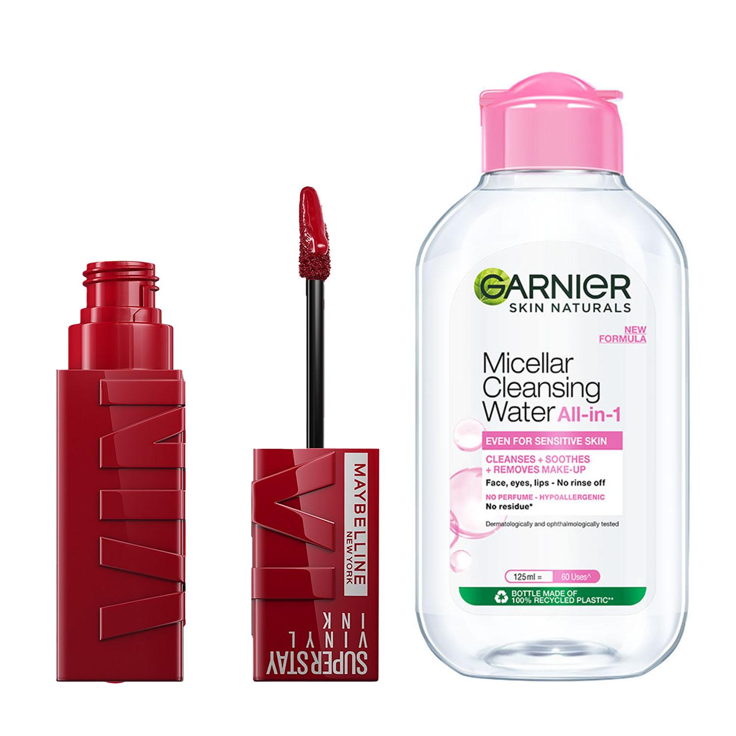 Maybelline Superstay Vinyl Ink Liquid Lipstick, Lippy with Garnier Micellar Cleansing Water Combo
