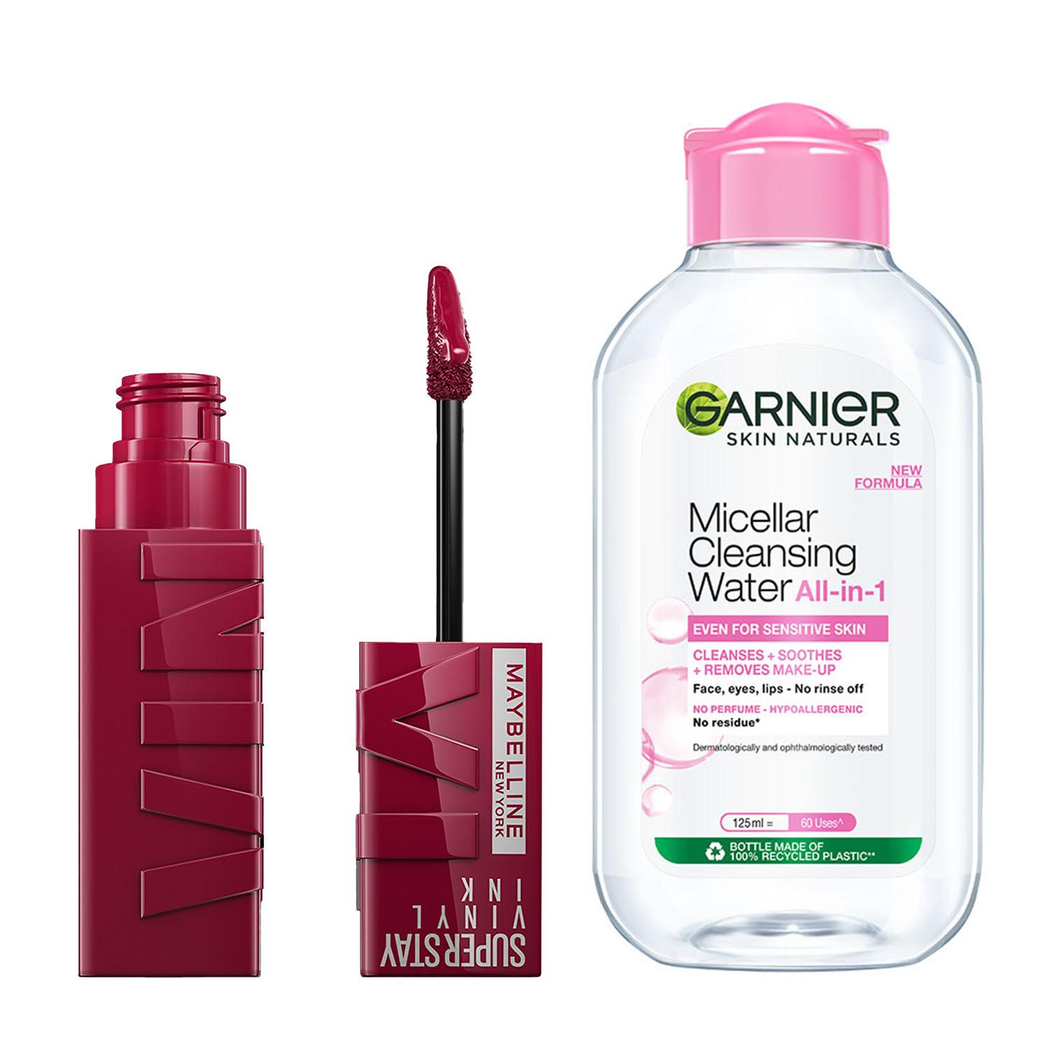 Maybelline Superstay Vinyl Ink Liquid Lipstick Unrivaled with Garnier Micellar Cleansing Water Combo