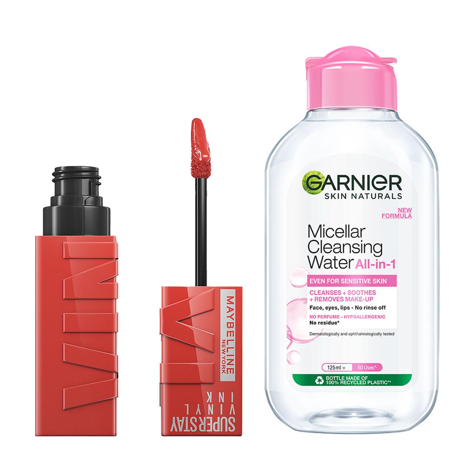 Maybelline New York | Maybelline Superstay Vinyl Ink Liquid Lipstick, Saucy with Garnier Micellar Cleansing Water Combo
