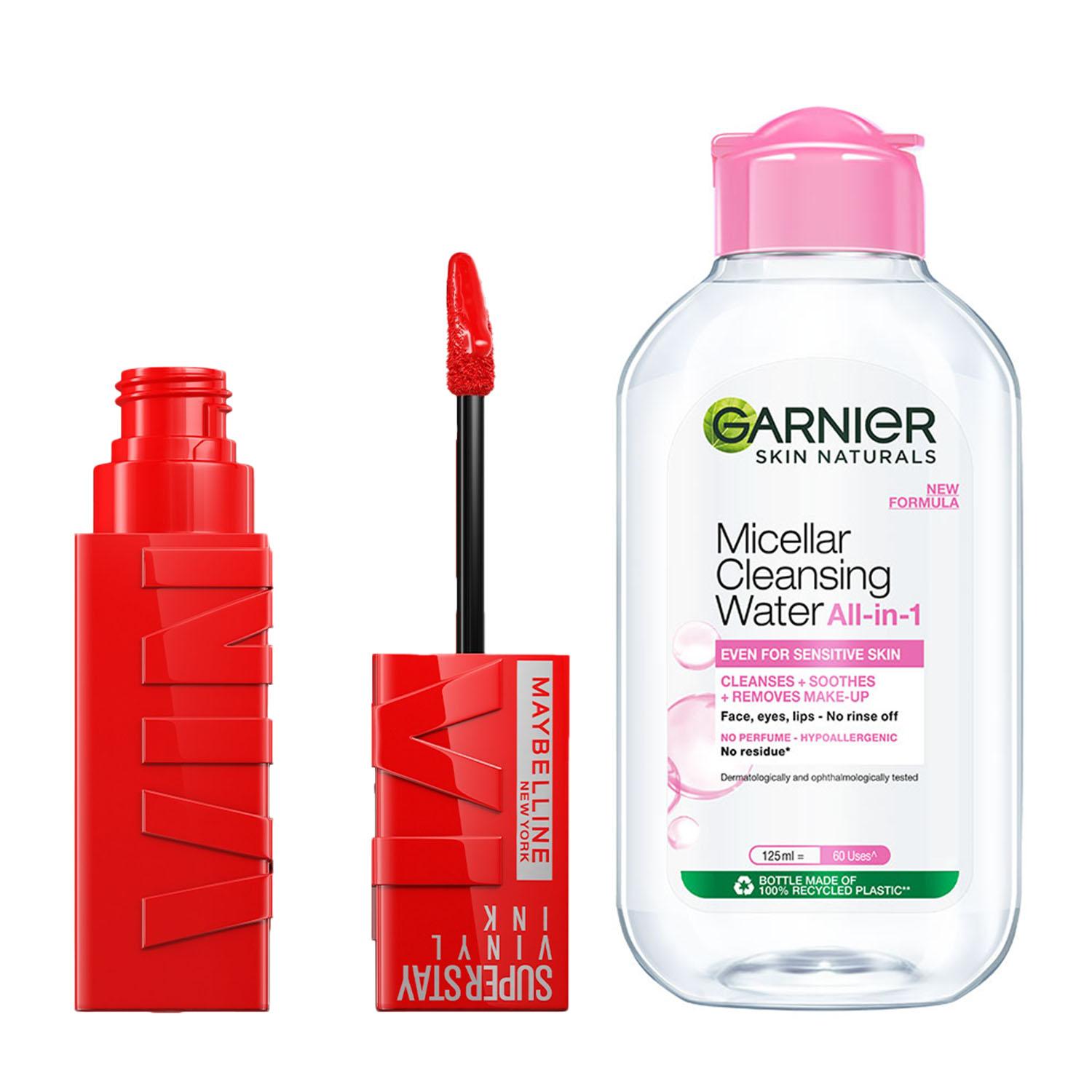 Maybelline New York | Maybelline Superstay Vinyl Ink Liquid Lipstick, Red Hot with Garnier Micellar Cleansing Water Combo
