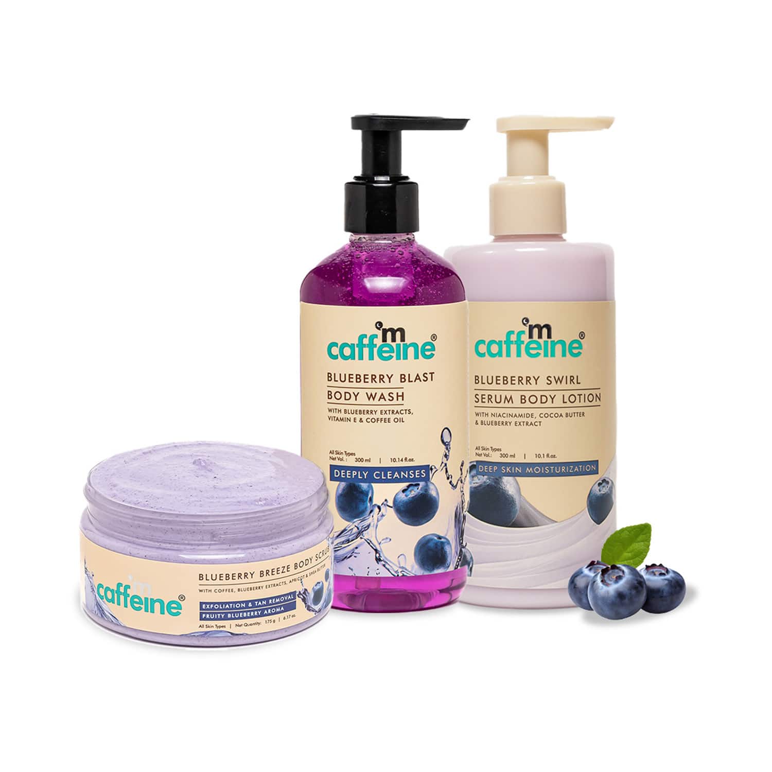 mCaffeine | mCaffeine Blueberry Body Wash + Blueberry Body Scrub + Blueberry Serum Body Lotion Combo