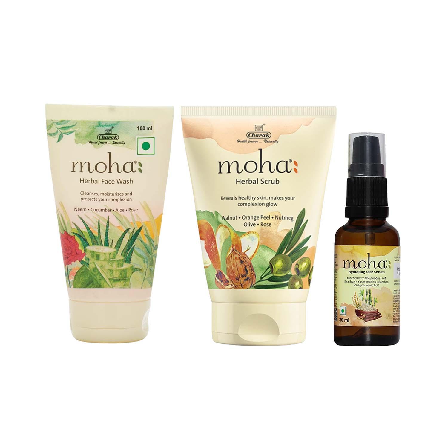 Moha | Moha Hydrating Complete Skin Care Face Serum, Herbal Face Wash & Scrub Combo (30 ml+ 100 ml+ 100 g)