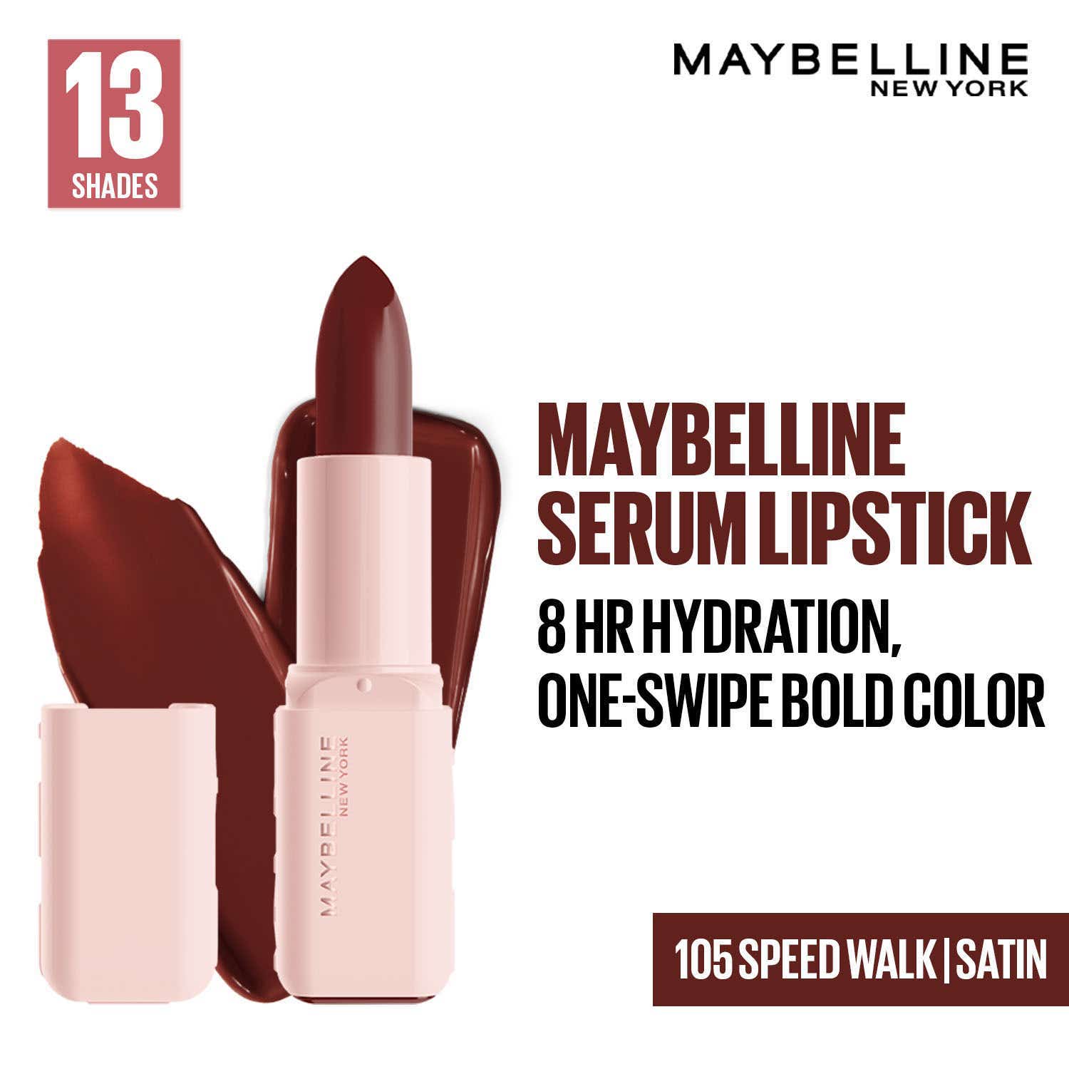 Maybelline New York | Maybelline Serum Lipstick (Satin) 8Hr Hydration + One-Swipe Bold Color - 105 Speed Walk (4.2 g)