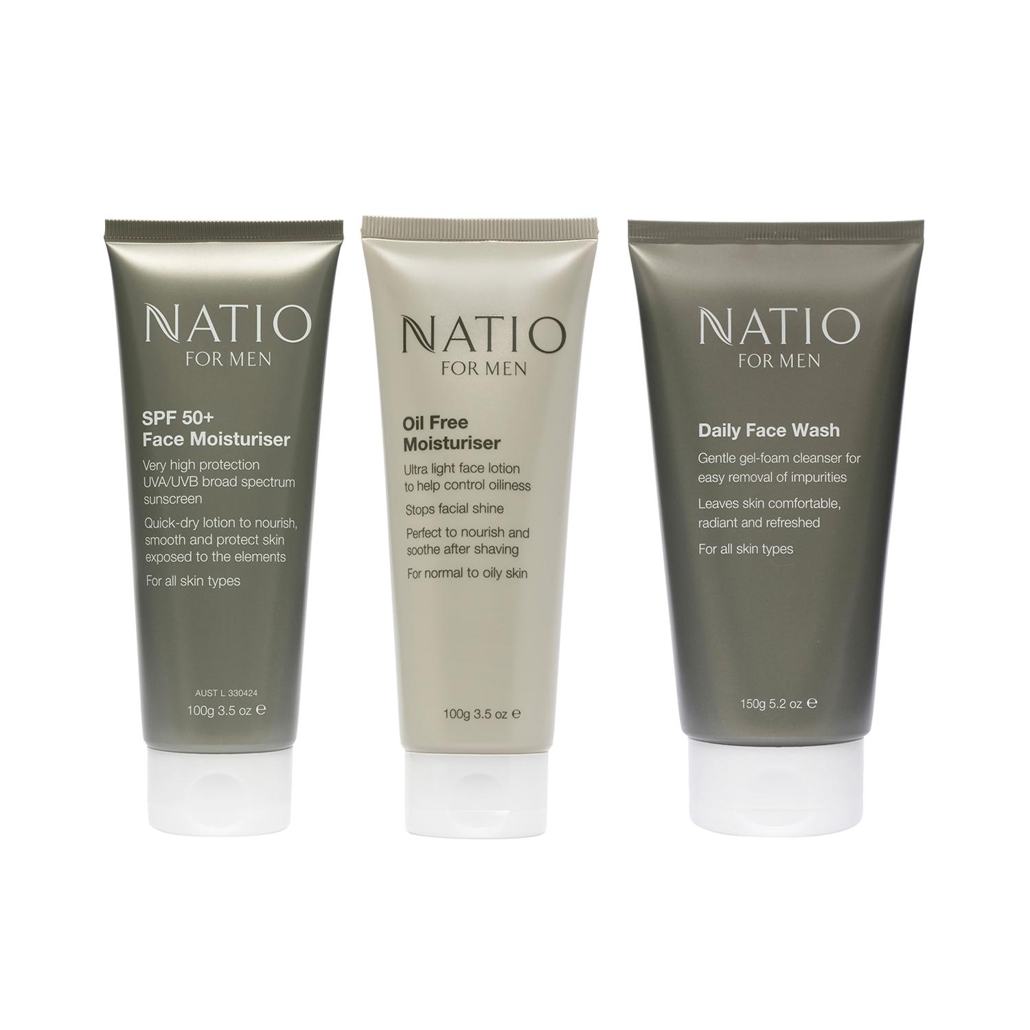 Natio | Natio Oil Free Moisturiser (100 g), SPF 50+ Face Moisturiser (100 g) & Daily Face Wash (150 g) Combo