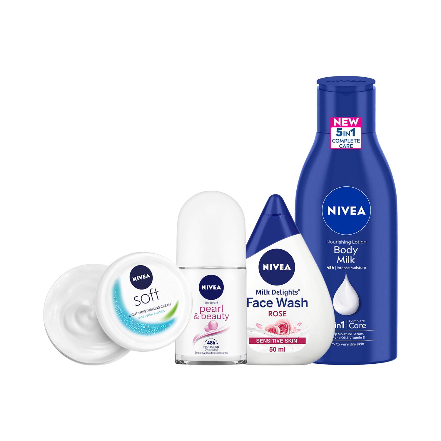 Nivea | Nivea Small Pack Combo - Body Lotion, Deodorant Roll On, Rose Water & Moisturiser