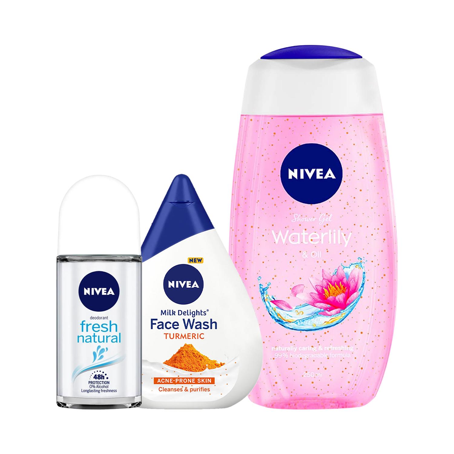 Nivea | Nivea Waterlily & Oil Shower Gel, Milk Delight Turmeric Facewash & Fresh Deo Roll On Combo
