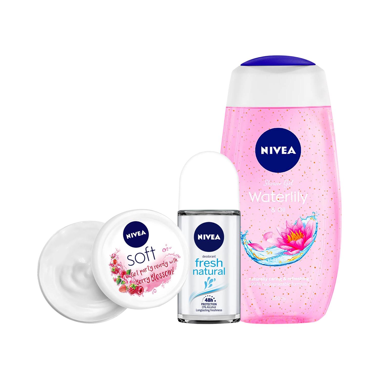 Nivea Soft Berry Blosson Moisturiser Cream, Shower Gel & Deodorant Roll On Combo