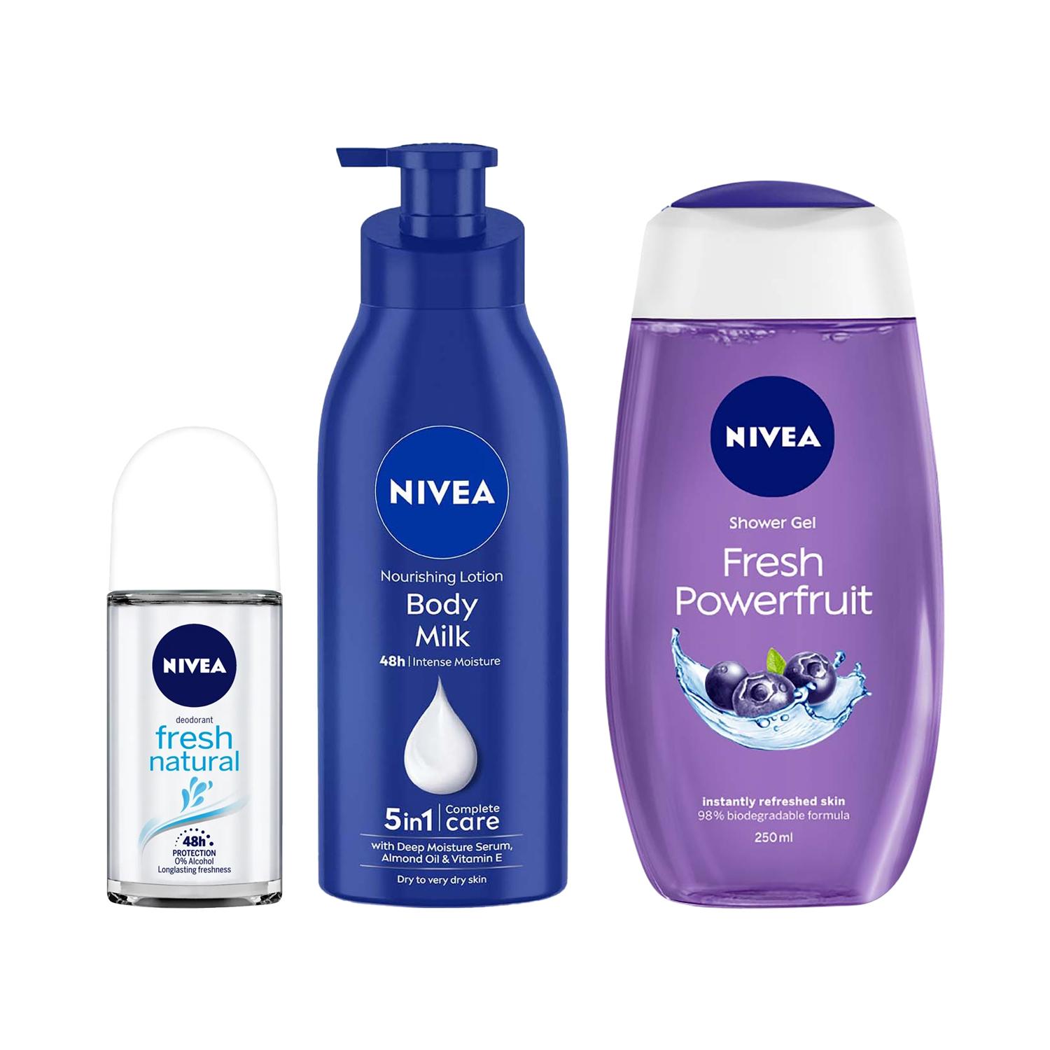 Nivea | Nivea Essential Combo - Body Milk, Shower Gel & Natural Deo Roll On